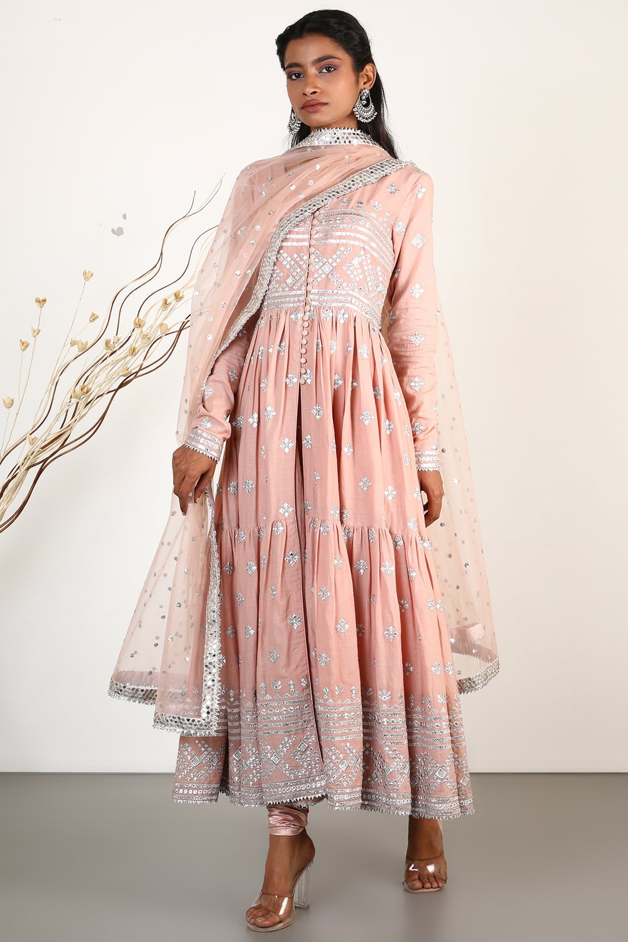 Women's Chand Blush Tiered Anarkali Set | Gopi Vaid