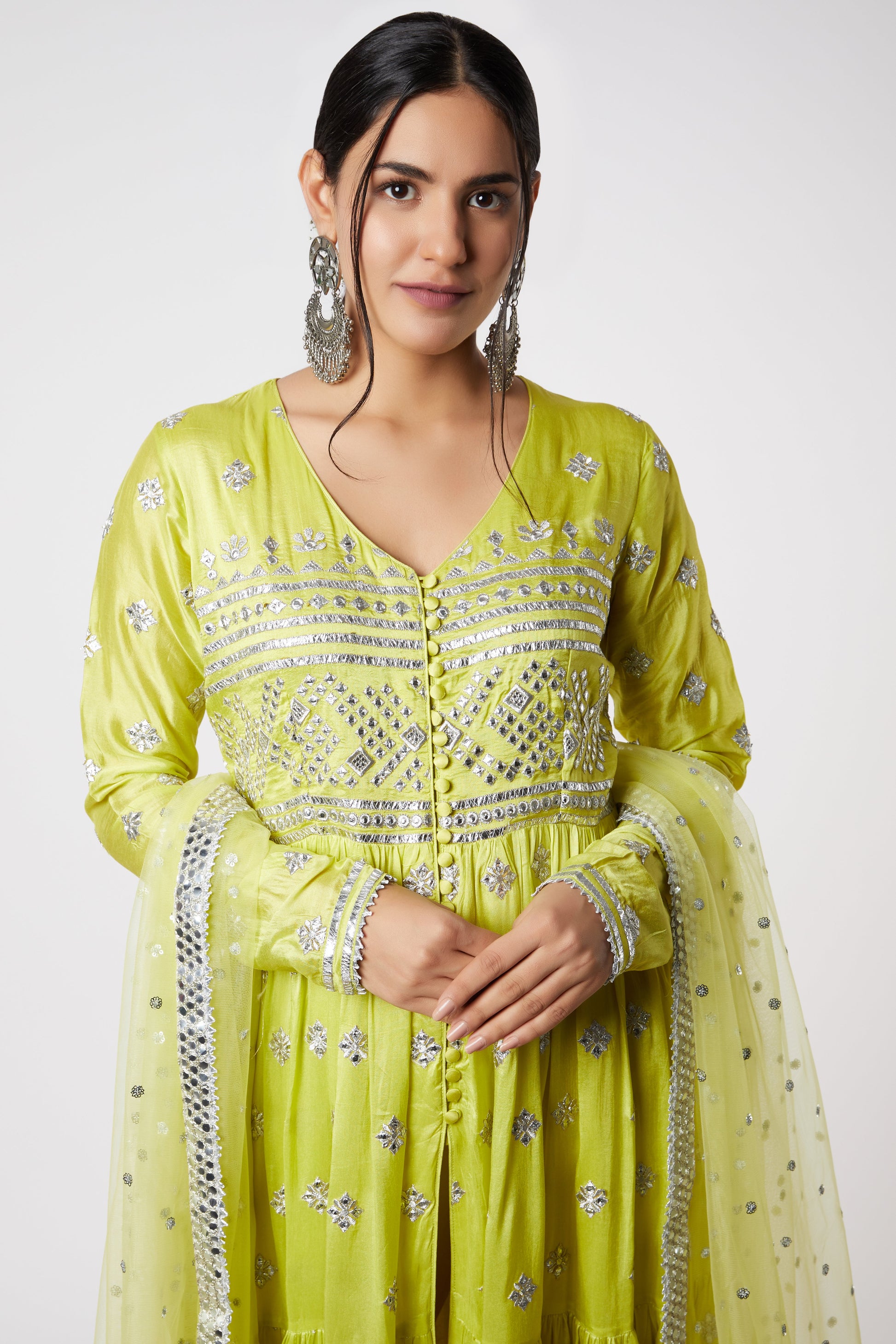 Women's Chand Lime Green Tiered Anarkali Set | Gopi Vaid