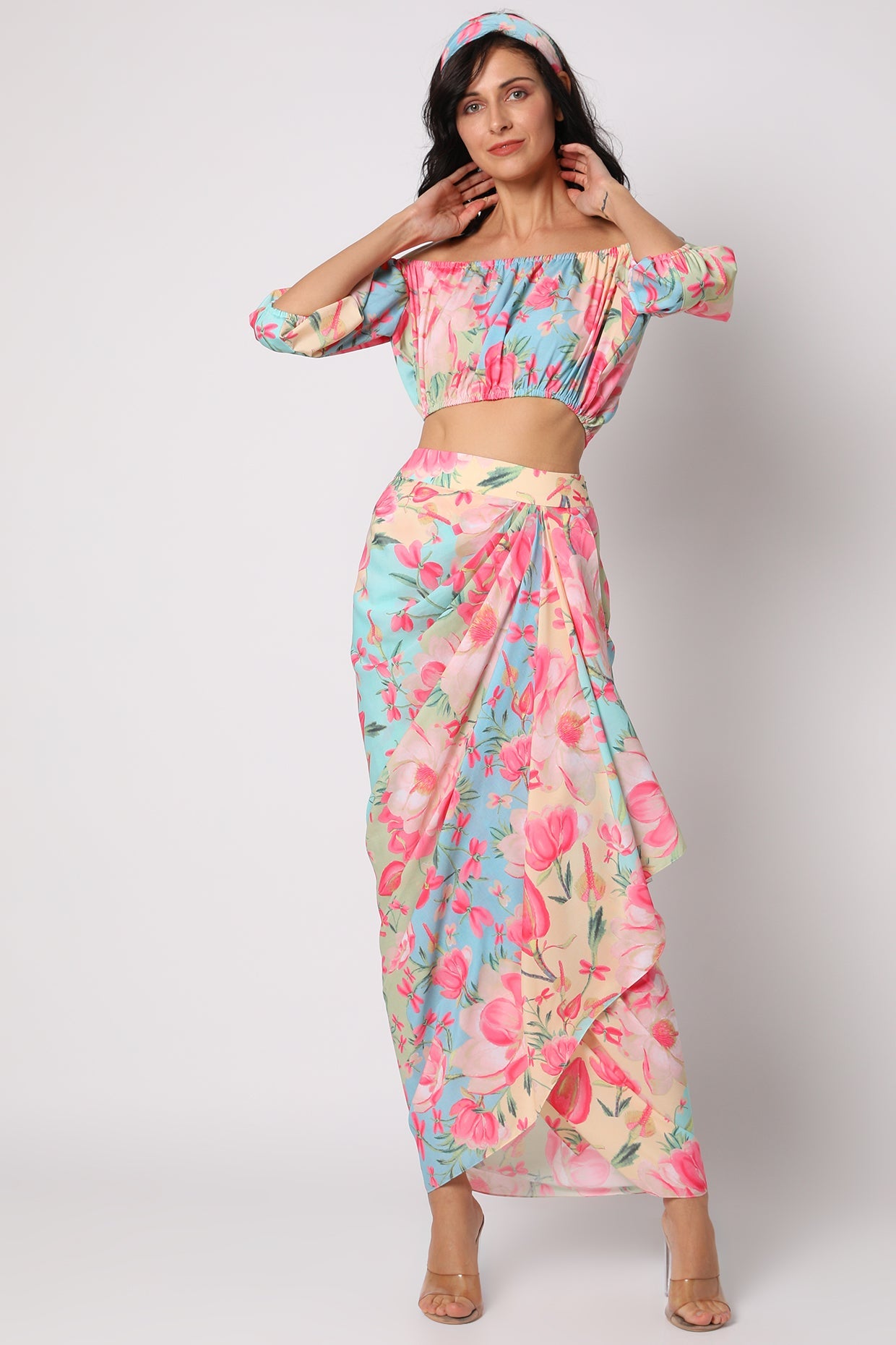 Khushi Off Shoulder Top with Wrap Skirt- front view