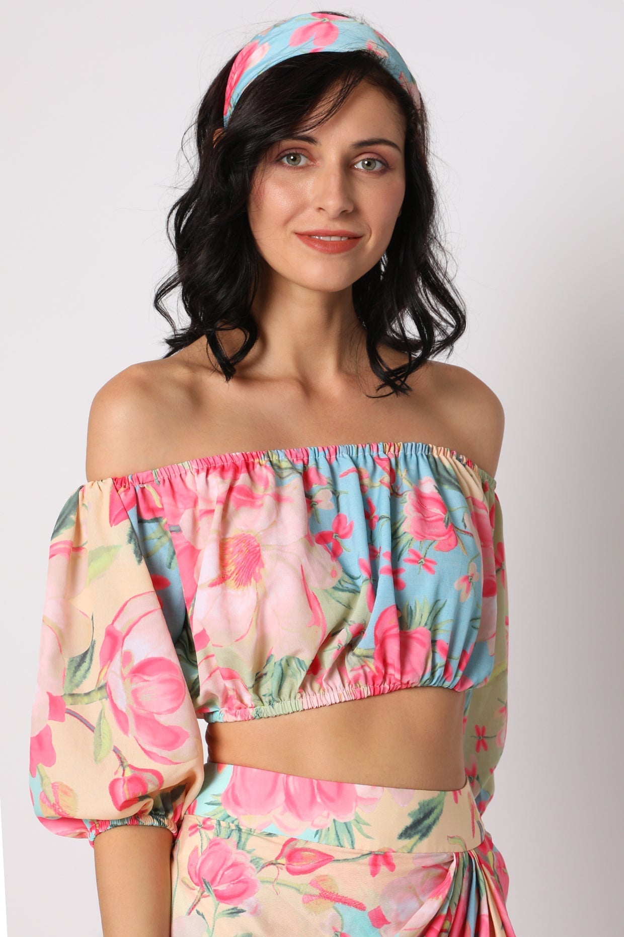 Khushi Off Shoulder Top with Wrap Skirt- front view