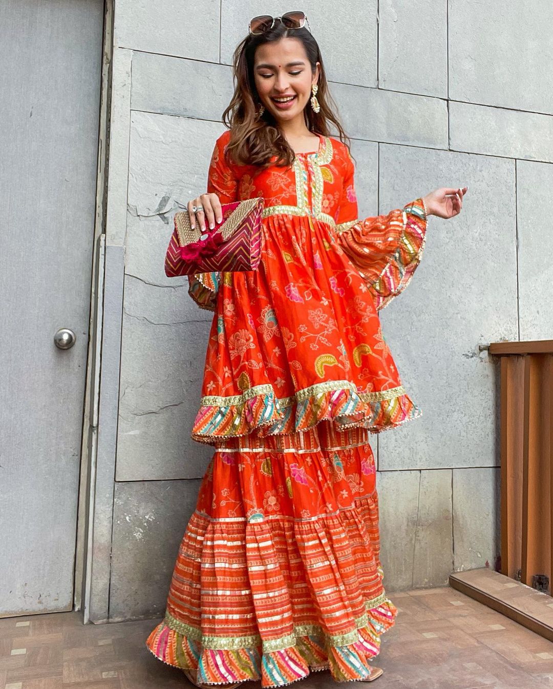 Saachi Bhasin In Marigold Garden Peplum Sharara Set