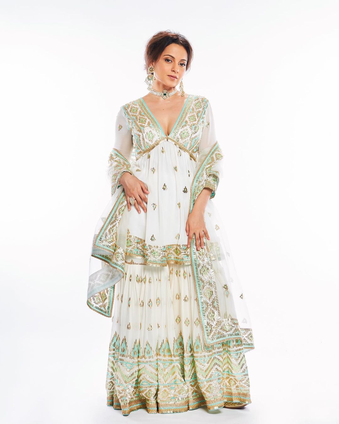 White Zohra peplum with Sharara Set- front view