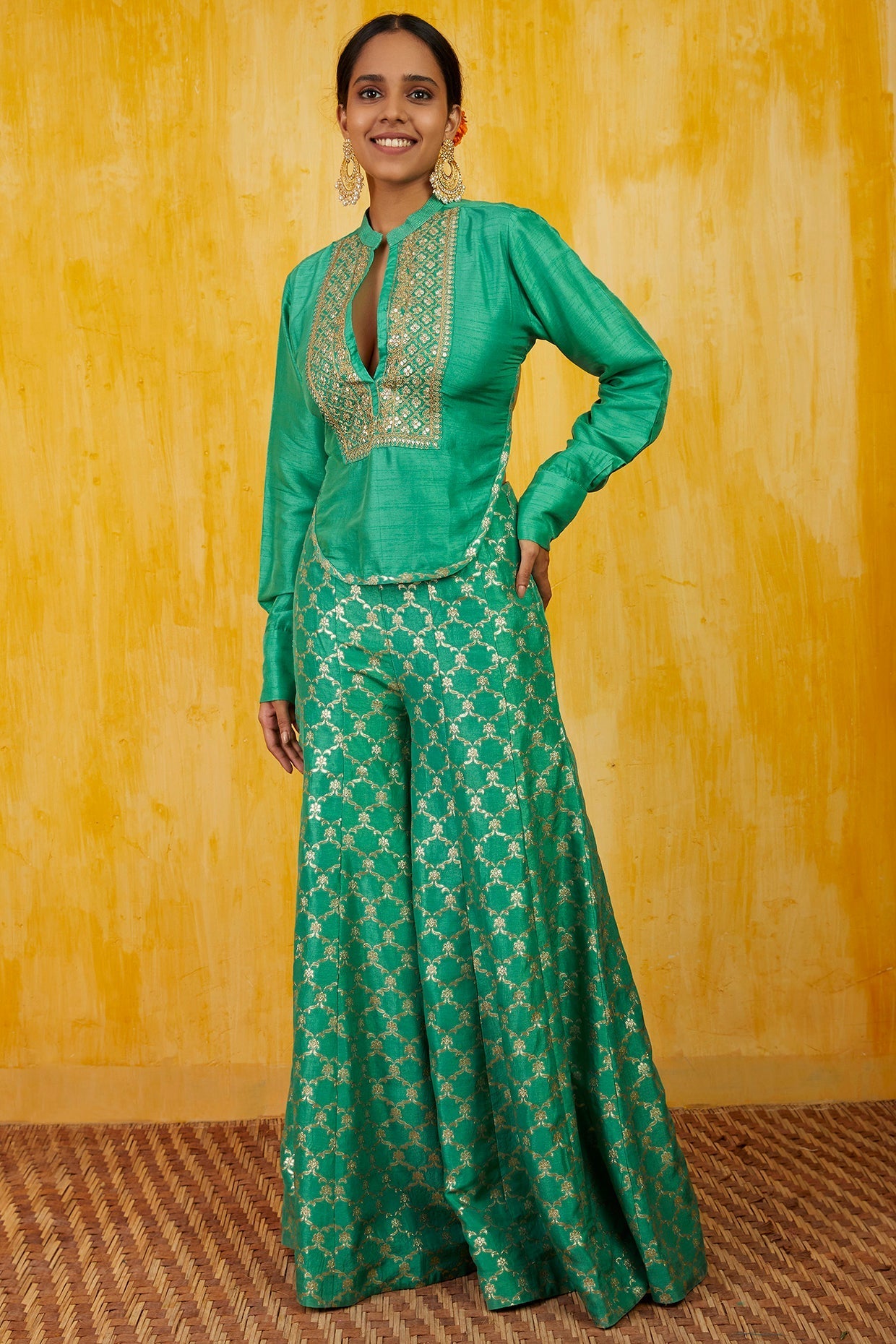 Teal Marigold Brocade Shirt Set- front view