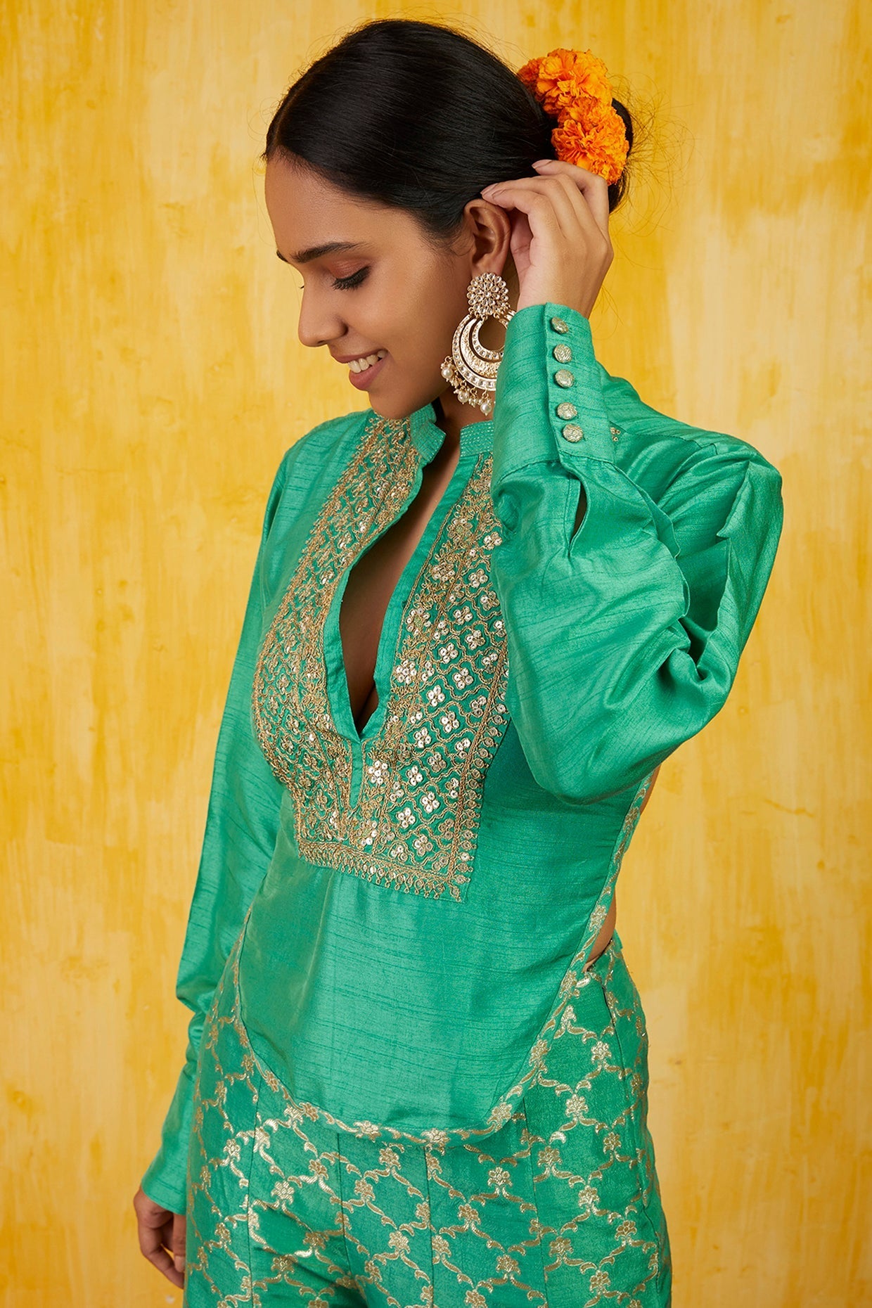 Teal Marigold Brocade Shirt Set- front view