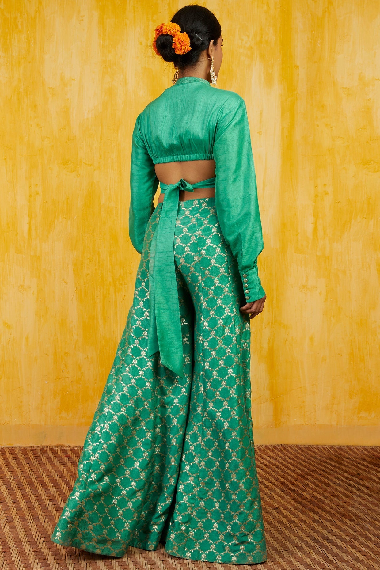 Teal Marigold Brocade Shirt Set- back view