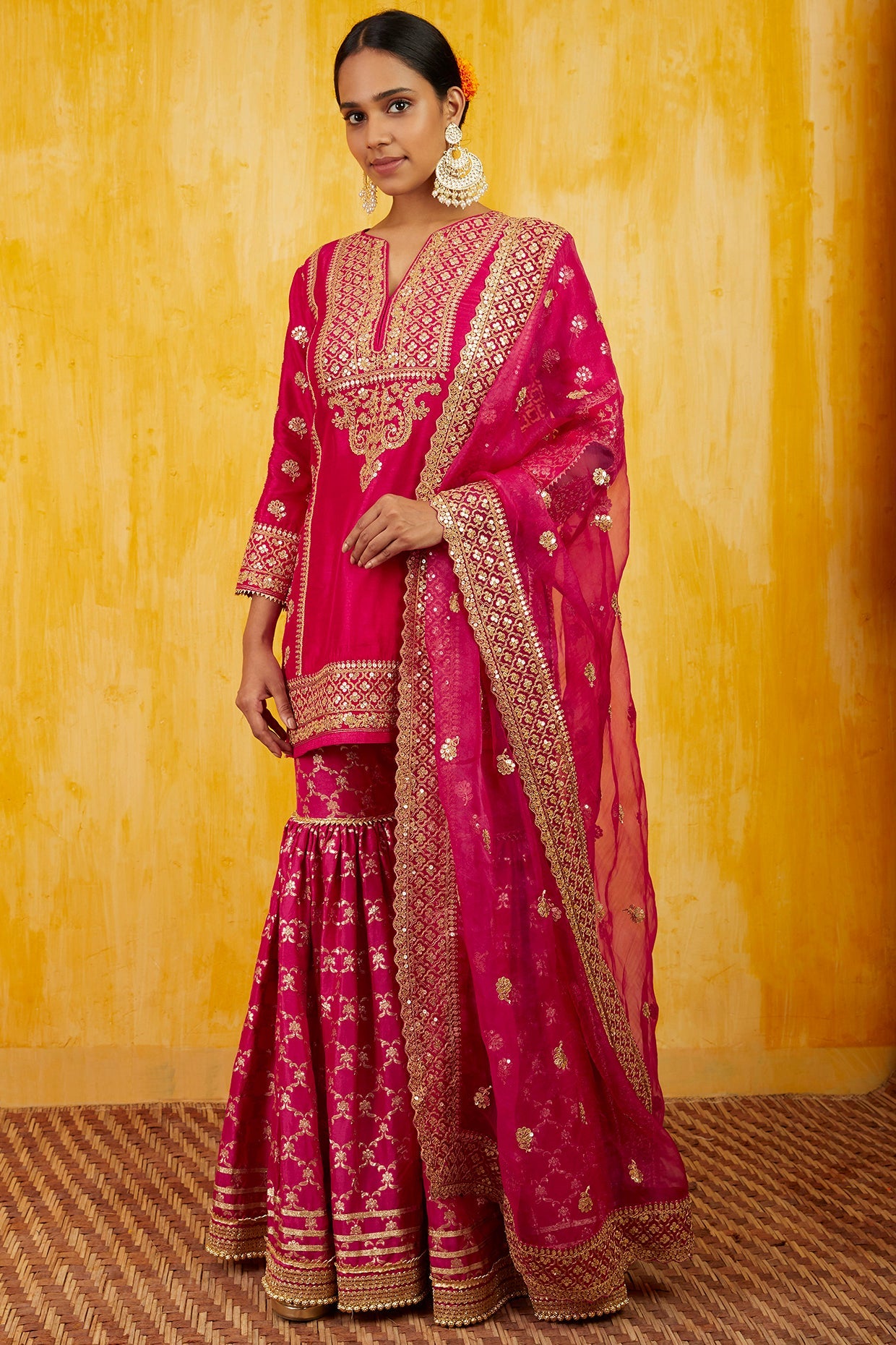 Pink Marigold Brocade Short Garara Set- front view