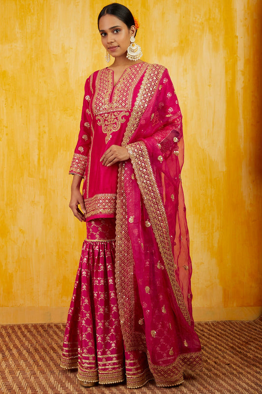 Pink Marigold Brocade Short Garara Set- front view