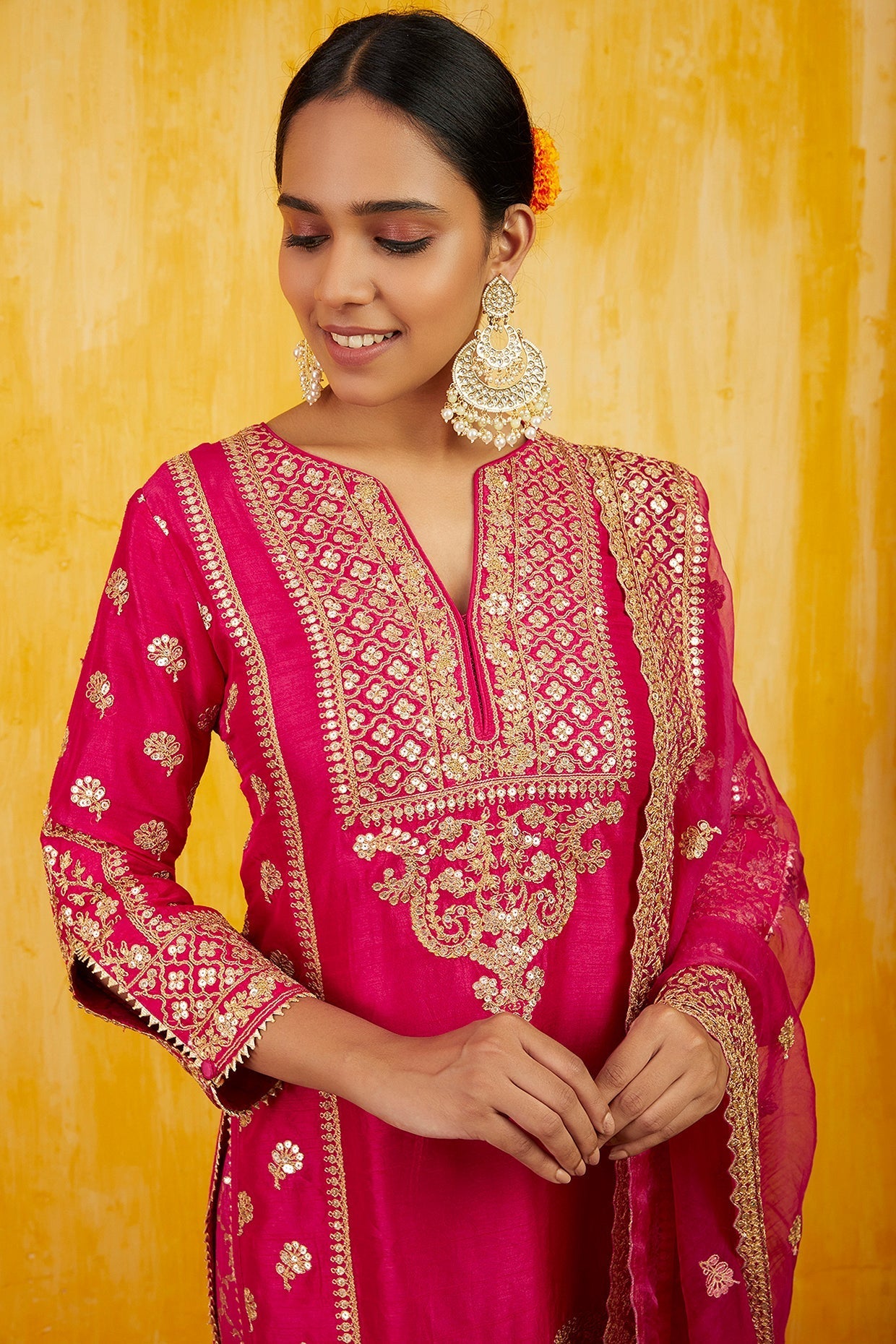 Pink Marigold Brocade Short Garara Set- front view