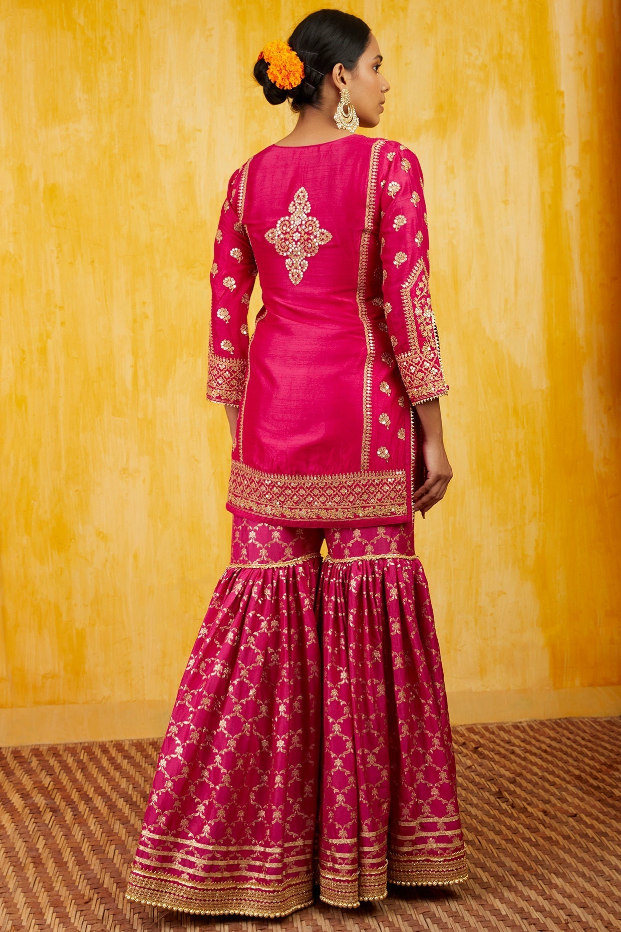 Pink Marigold Brocade Short Garara Set- back view