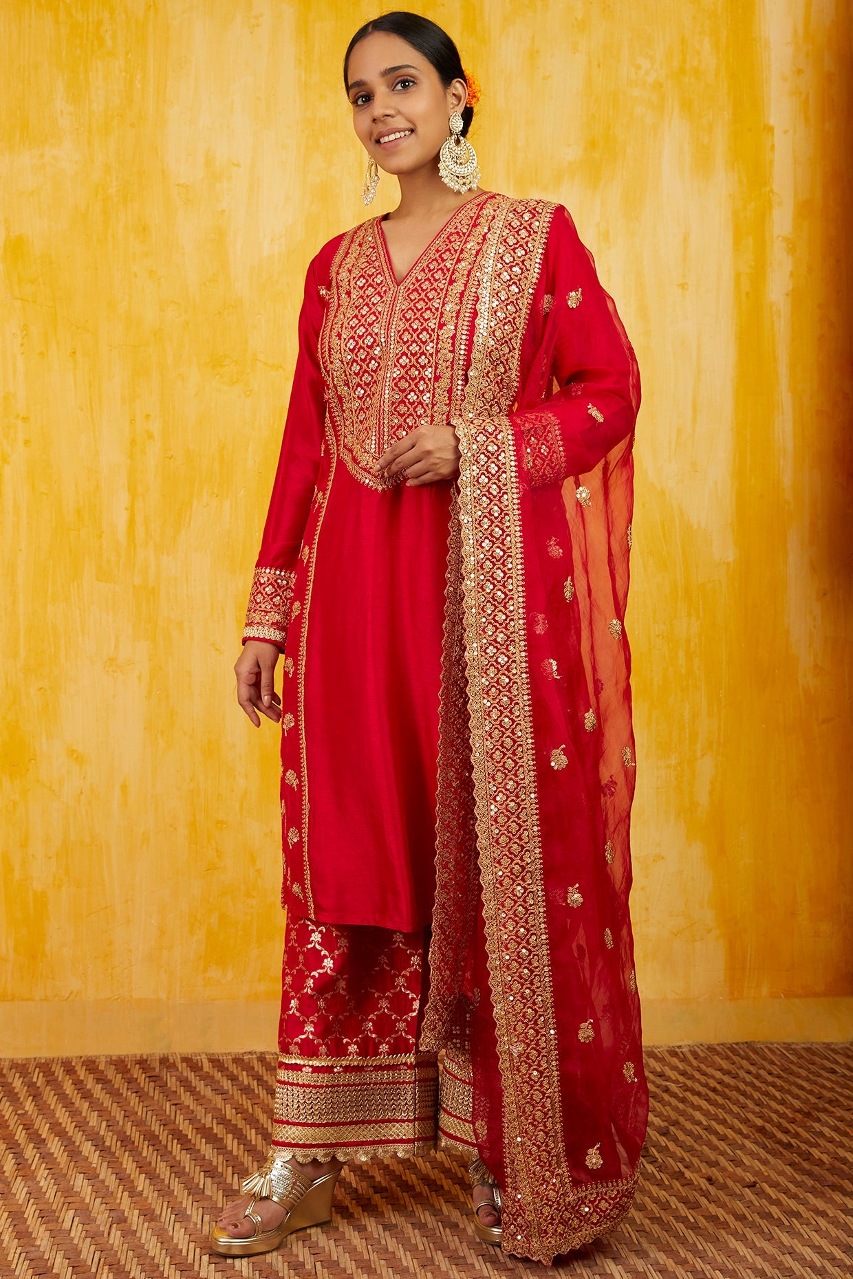 Red Marigold Brocade Tunic Set- front view