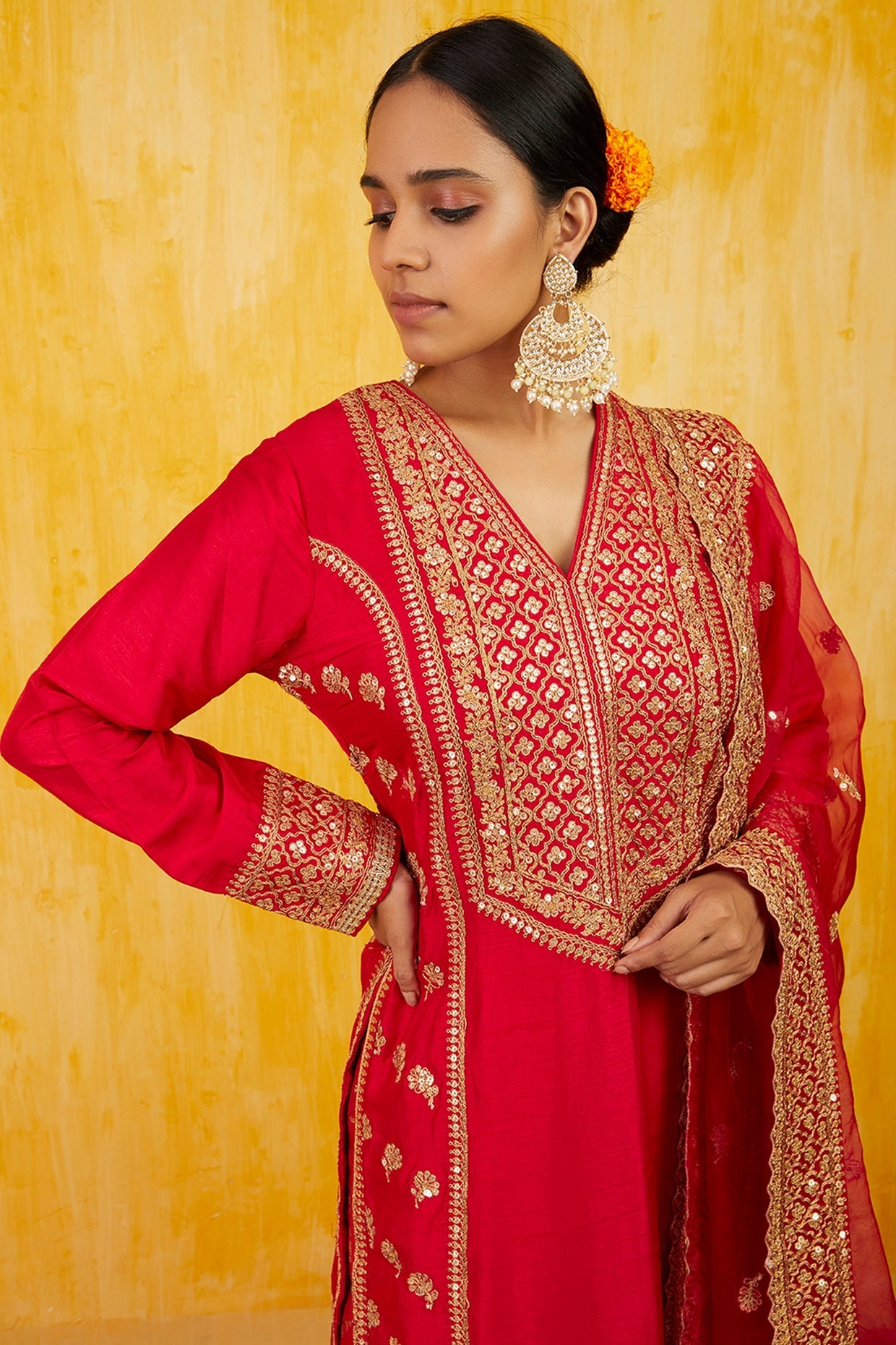 Red Marigold Brocade Tunic Set- front view