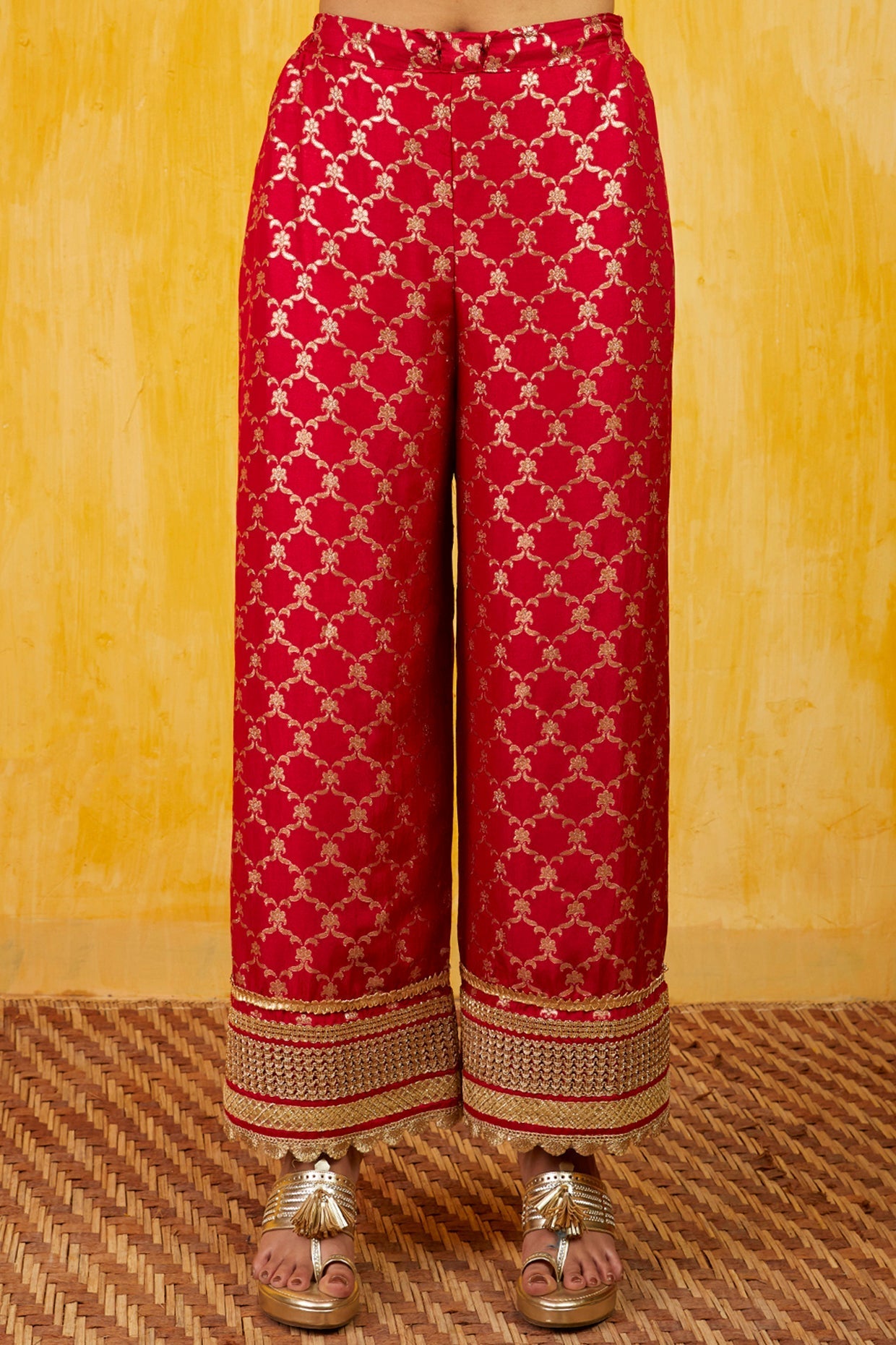 Red Marigold Brocade Tunic Set- close view