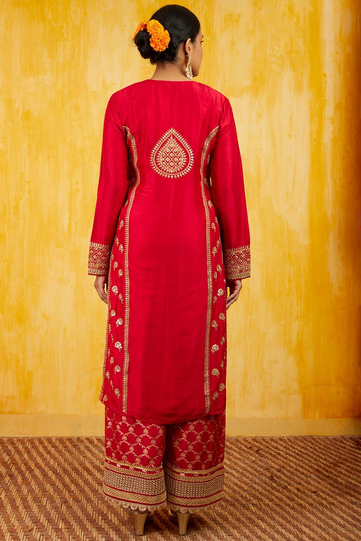 Red Marigold Brocade Tunic Set- back view