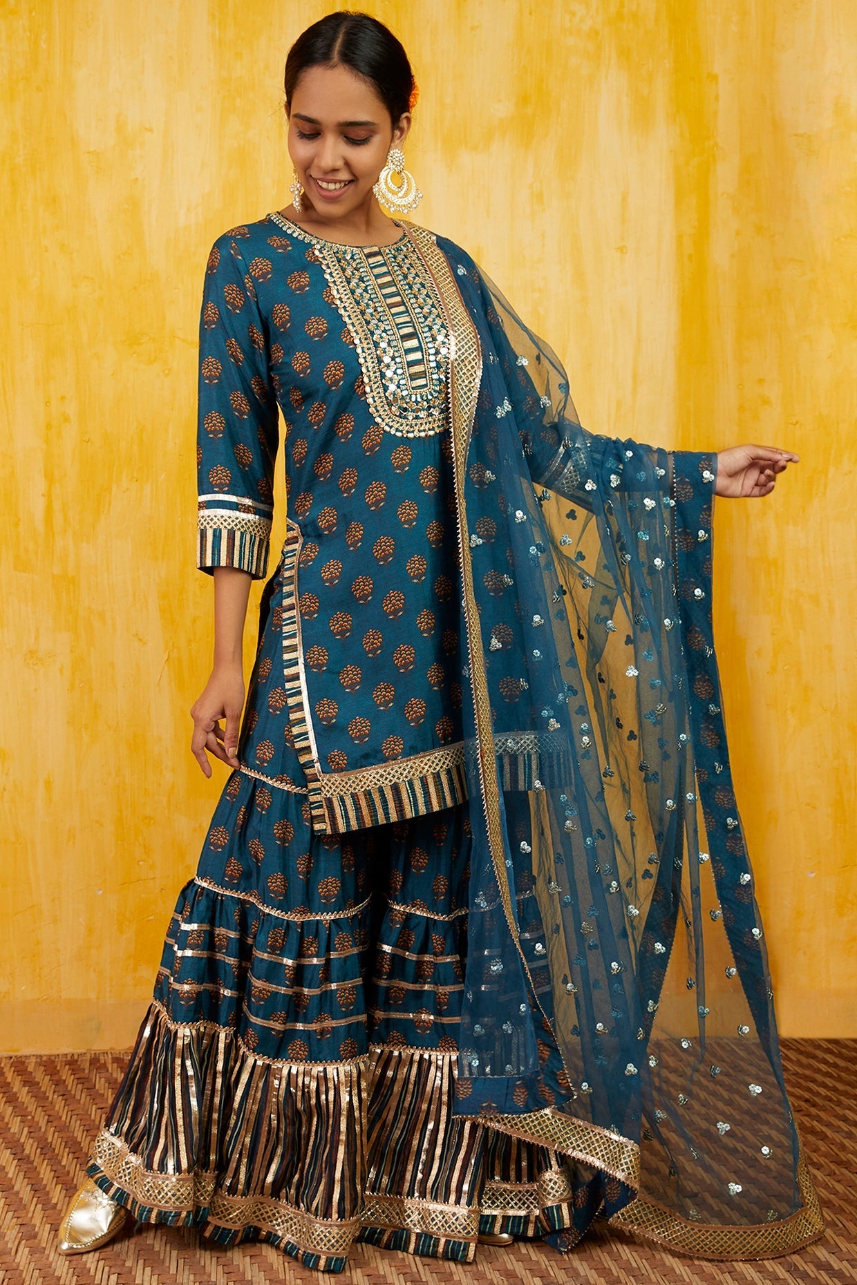 Blue Marigold Buti Sharara Set- front view