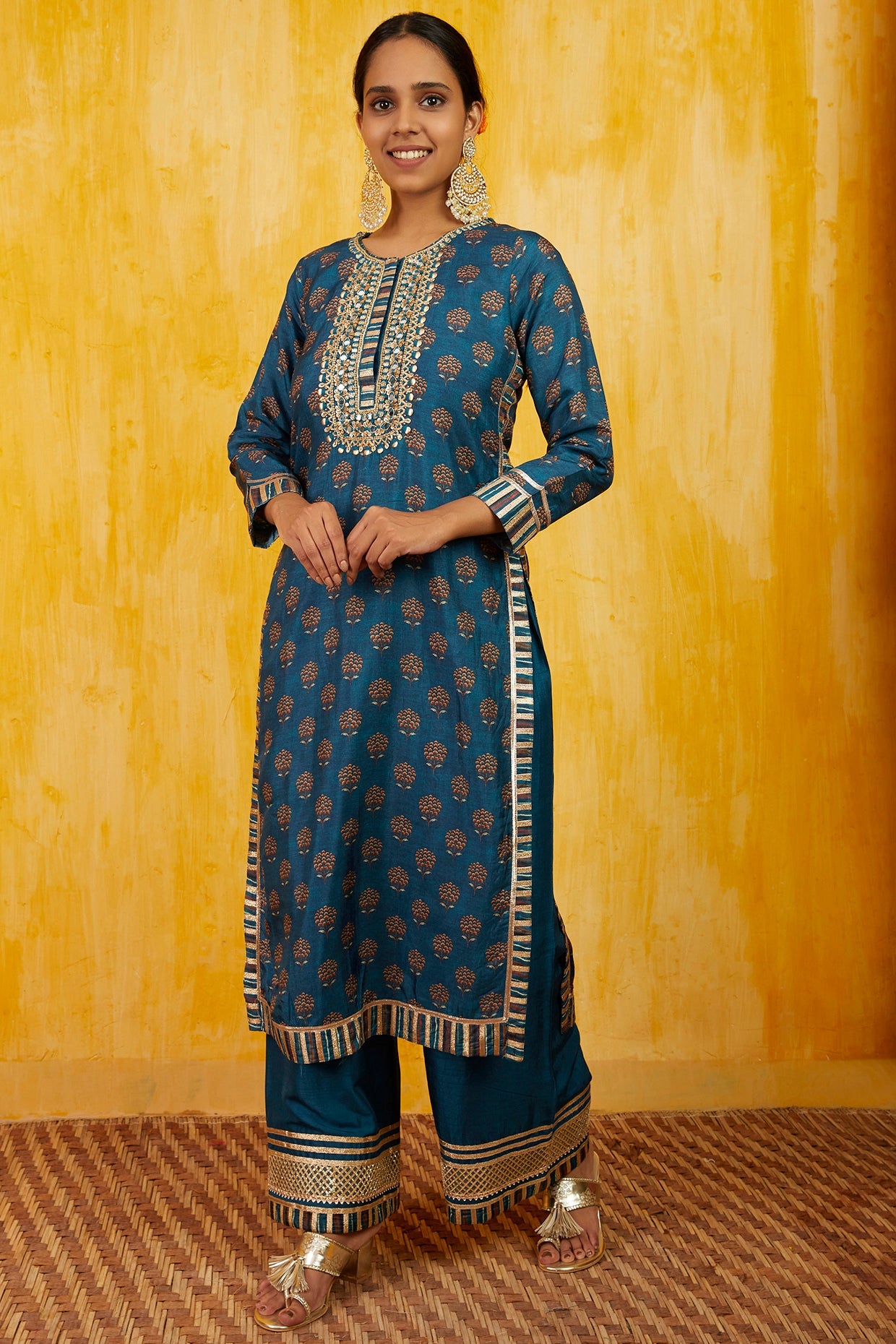 Blue Marigold Buti Tunic With Palazzo- front view