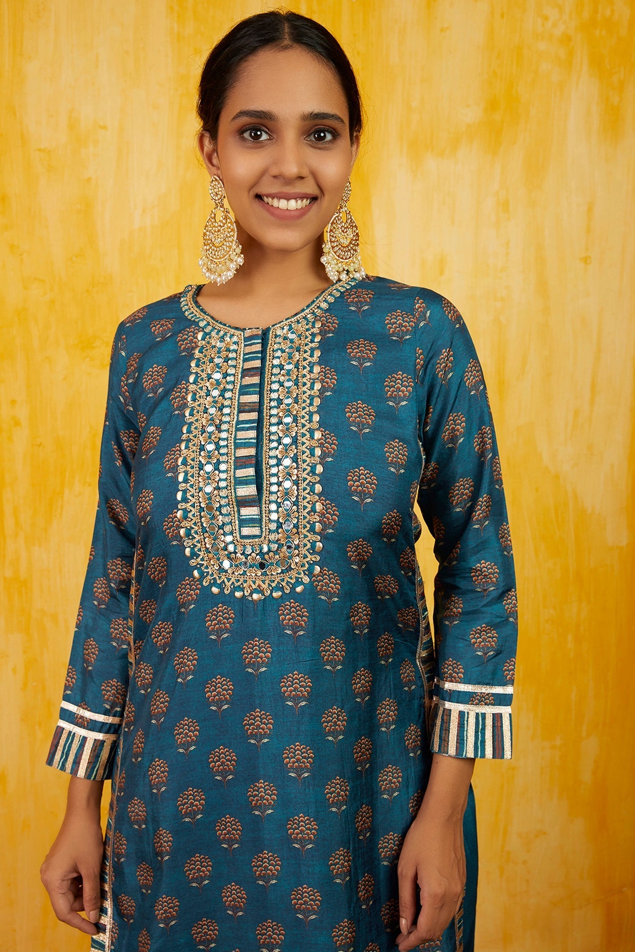 Blue Marigold Buti Tunic With Palazzo- front view