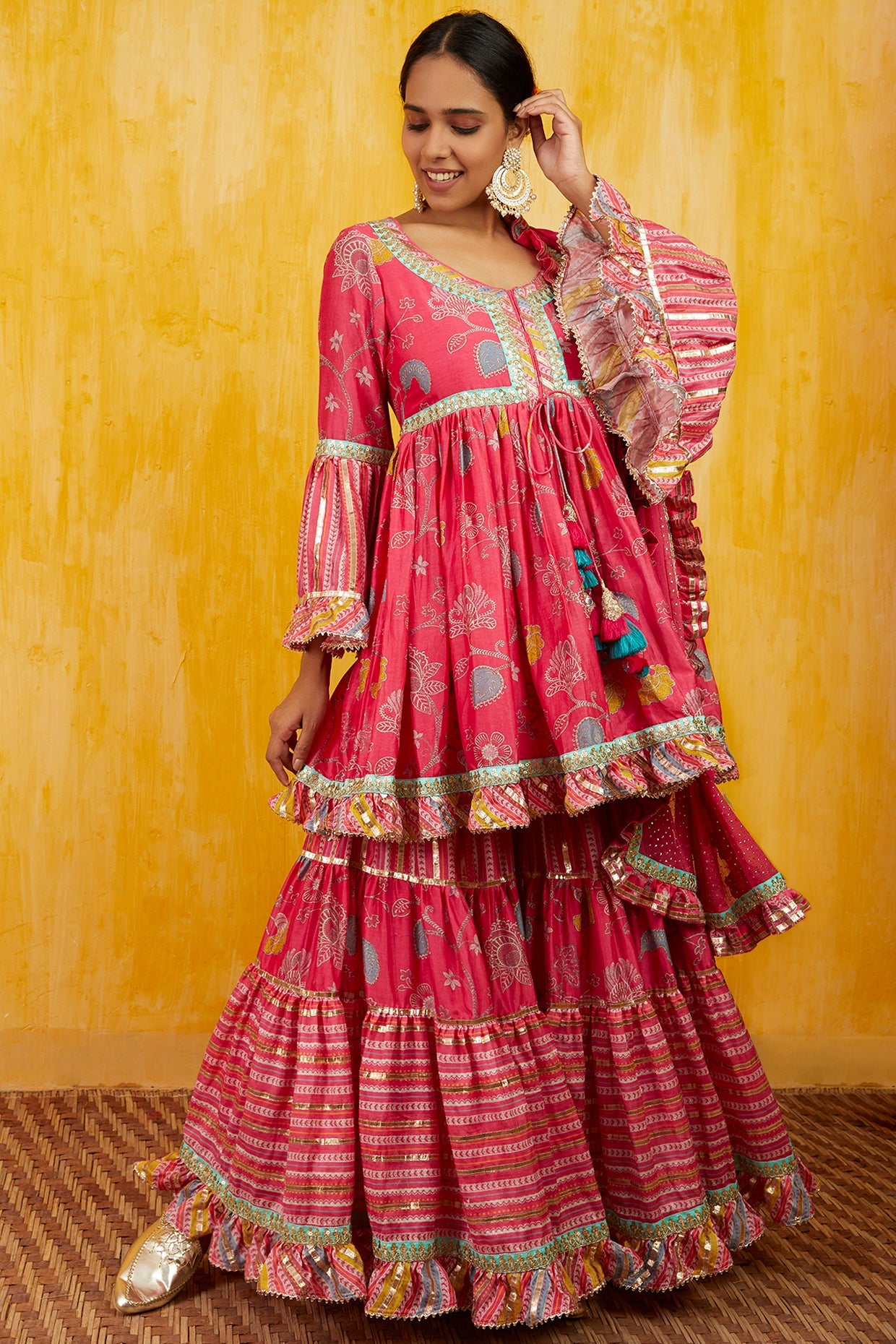 Pink Marigold Garden Peplum Sharara Set- front view