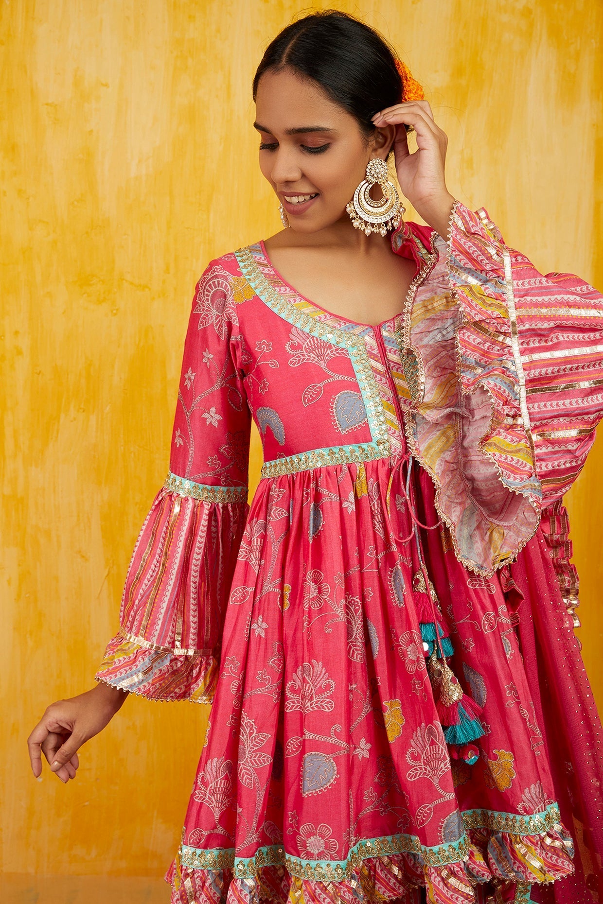 Pink Marigold Garden Peplum Sharara Set- front view