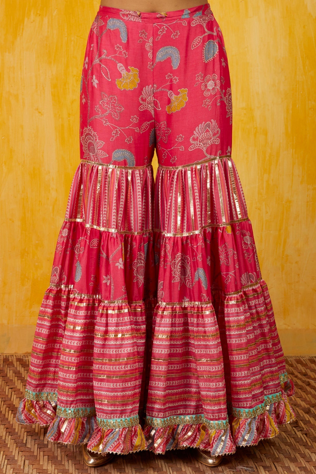 Pink Marigold Garden Peplum Sharara Set- close view