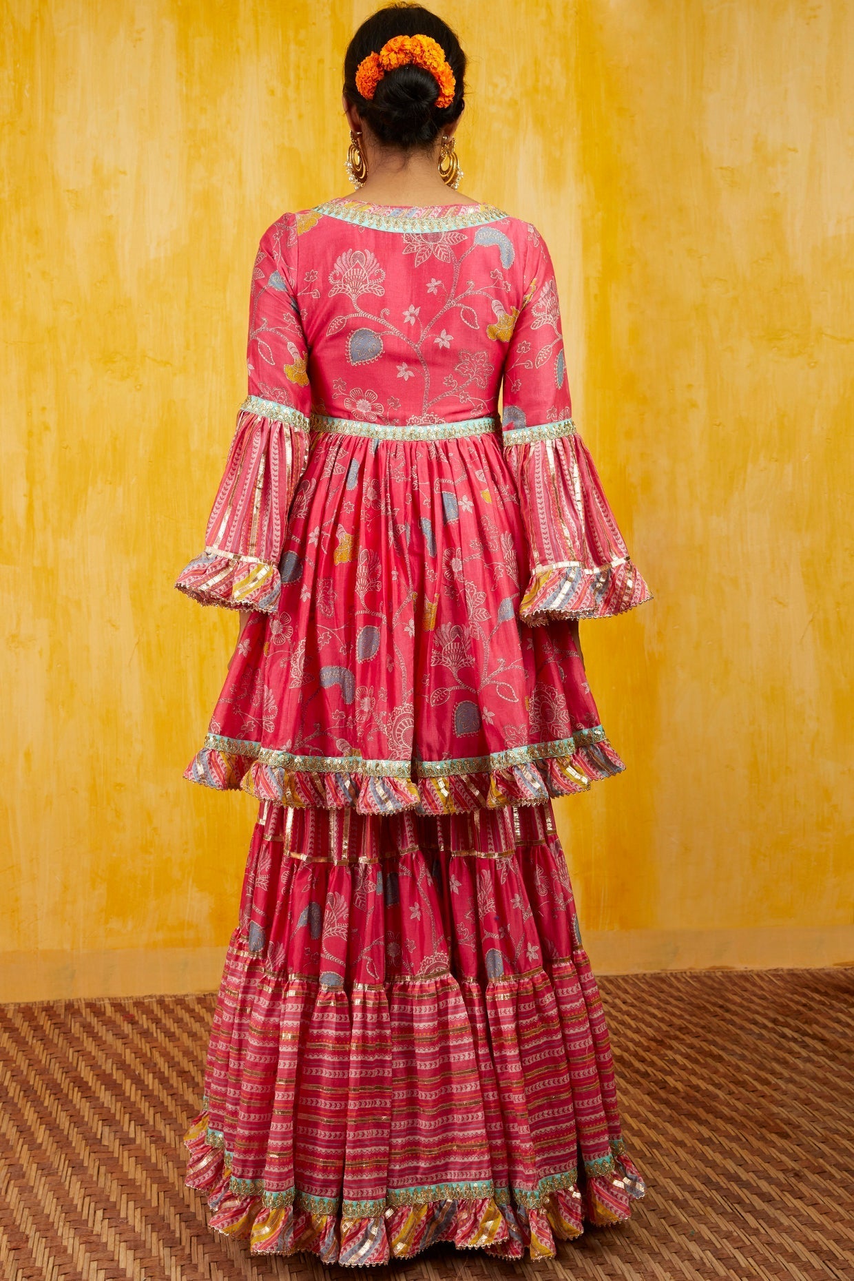 Pink Marigold Garden Peplum Sharara Set- back view