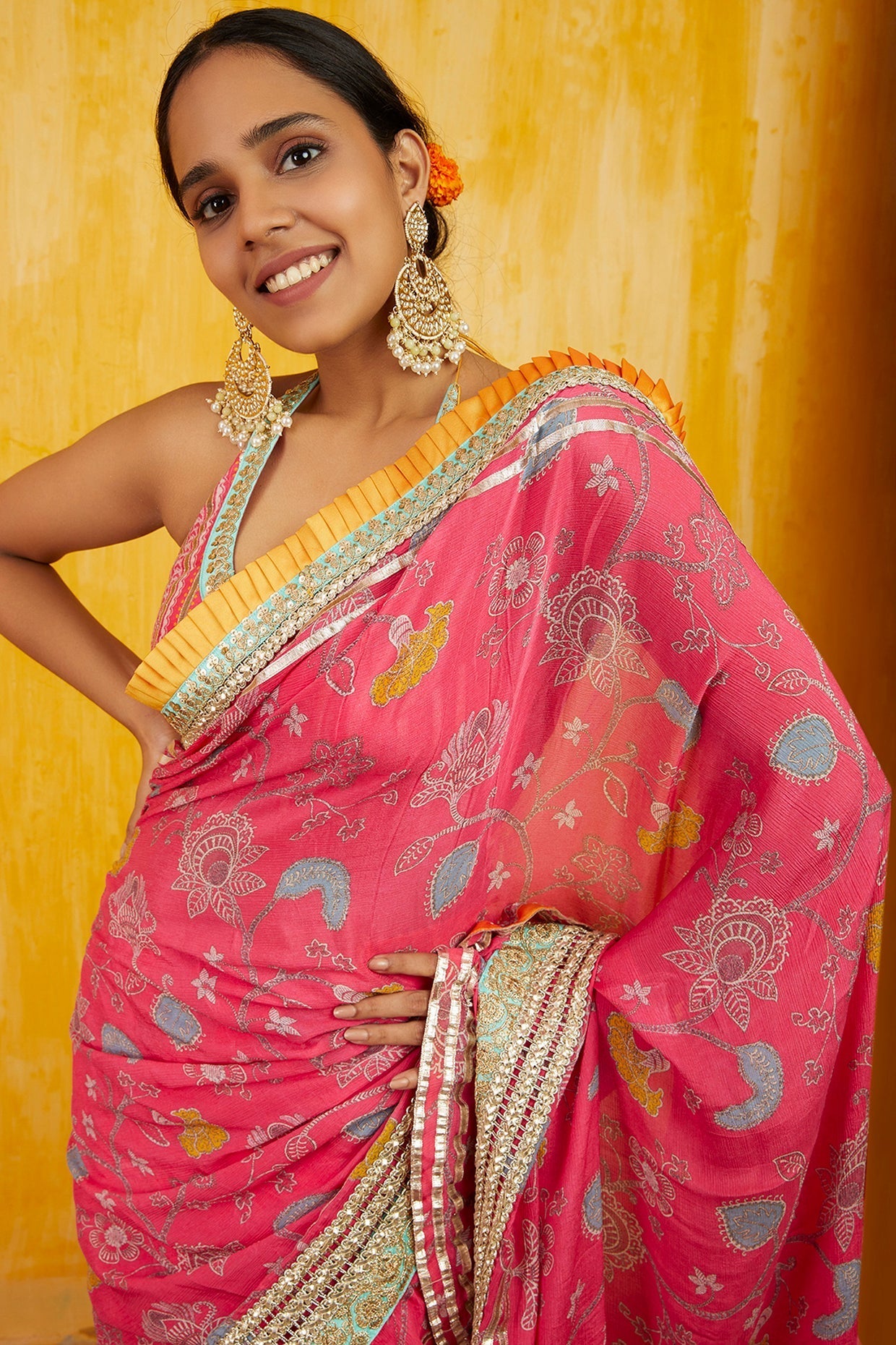 Pink Marigold Garden Ruffle Saree Set- front view