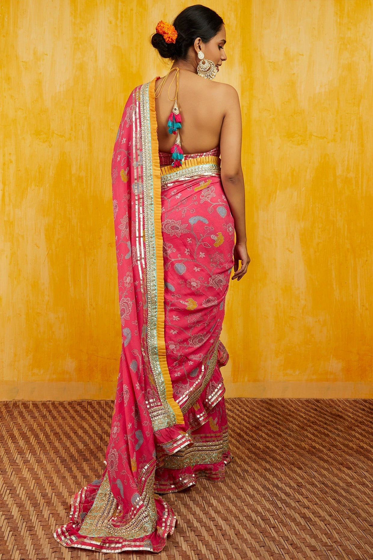 Pink Marigold Garden Ruffle Saree Set- back view