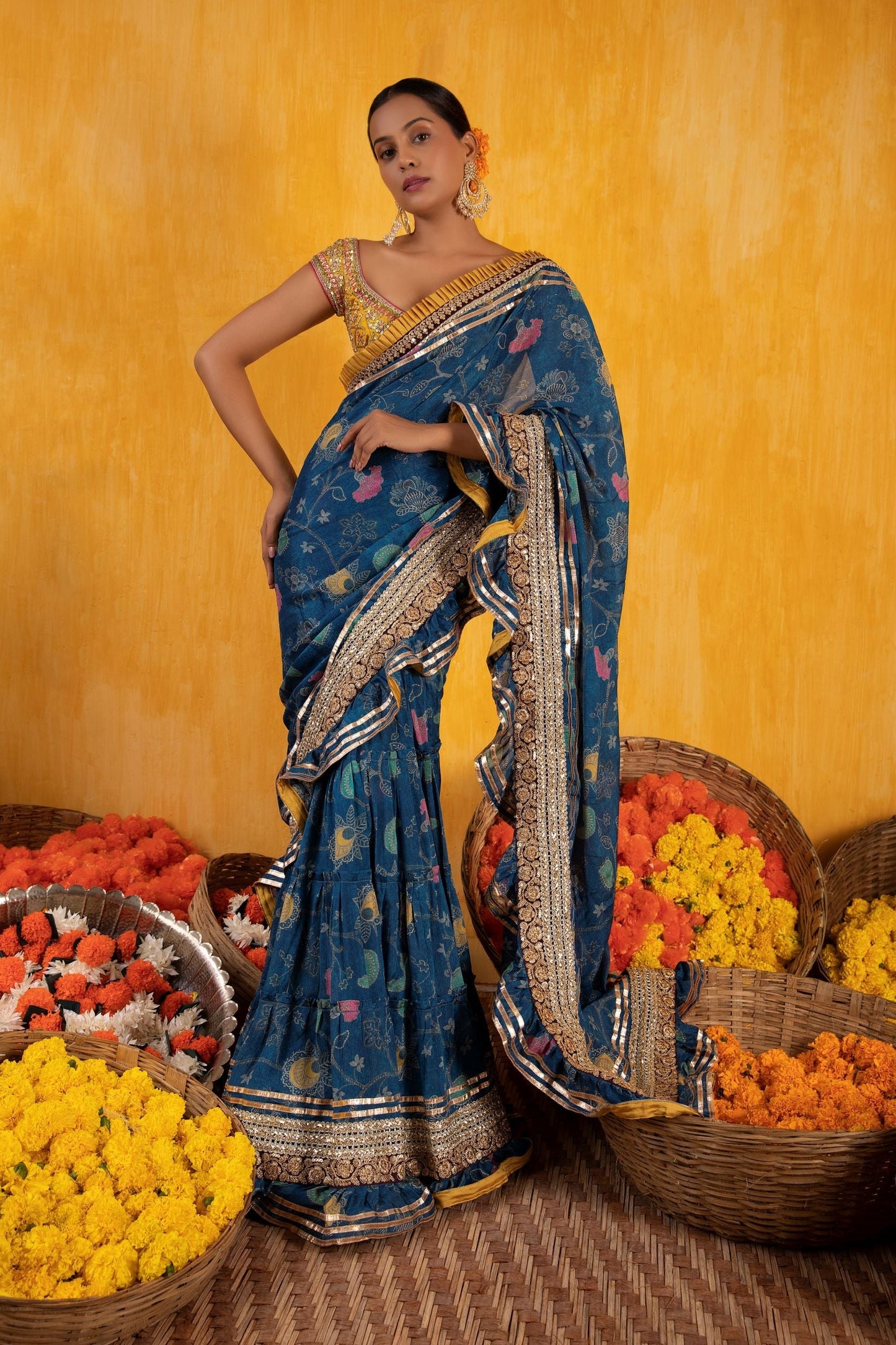 Blue Marigold Garden Ruffle Saree- front view