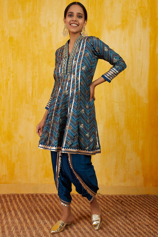 Blue Marigold Zig-Zag Ag With Dhoti- front view