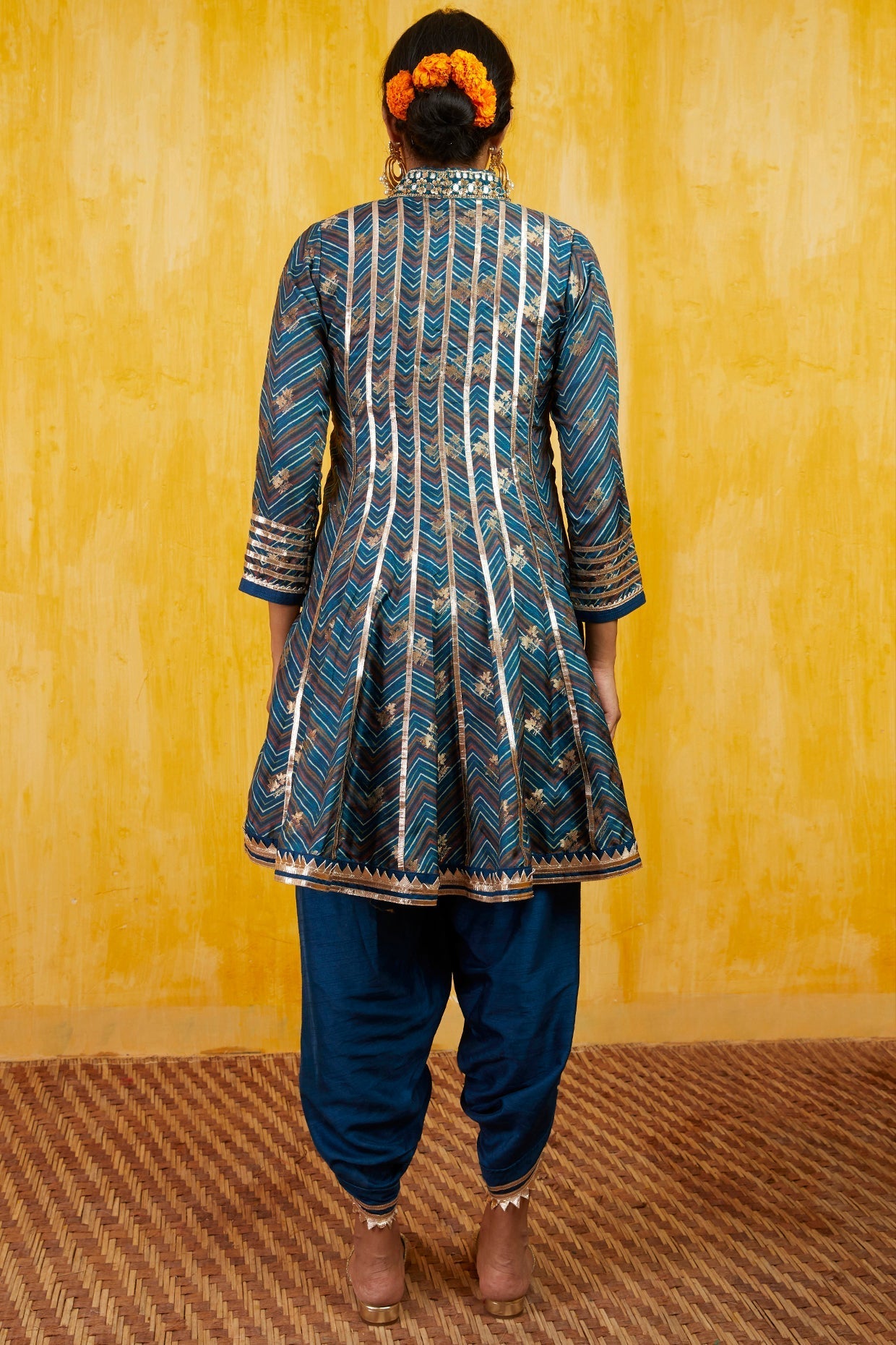 Blue Marigold Zig-Zag Ag With Dhoti- front view