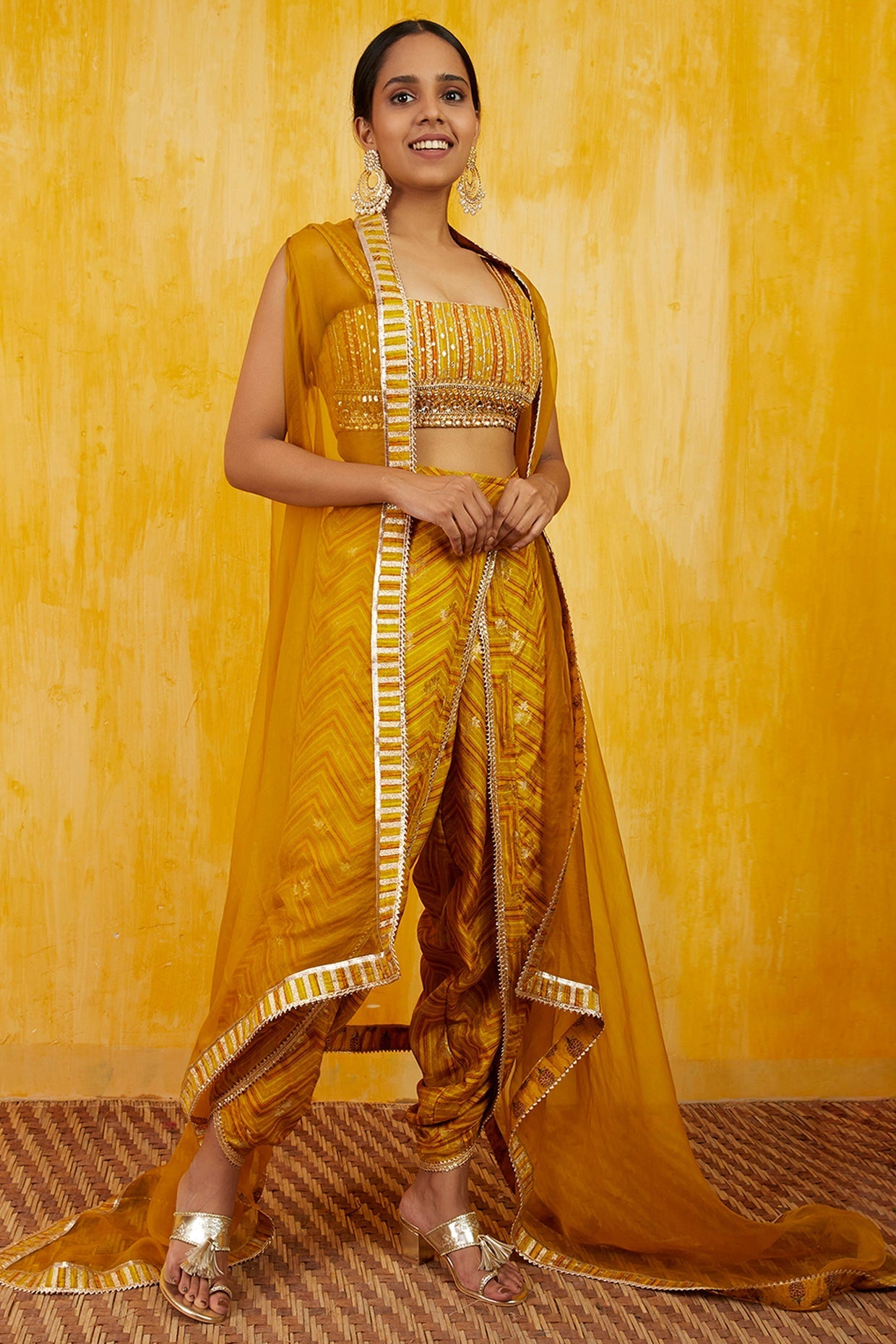 Yellow Marigold Zig-Zag Cape Dhoti Set- front view