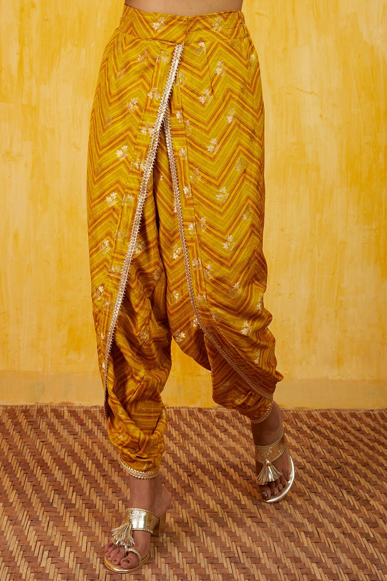 Yellow Marigold Zig-Zag Cape Dhoti Set- close view