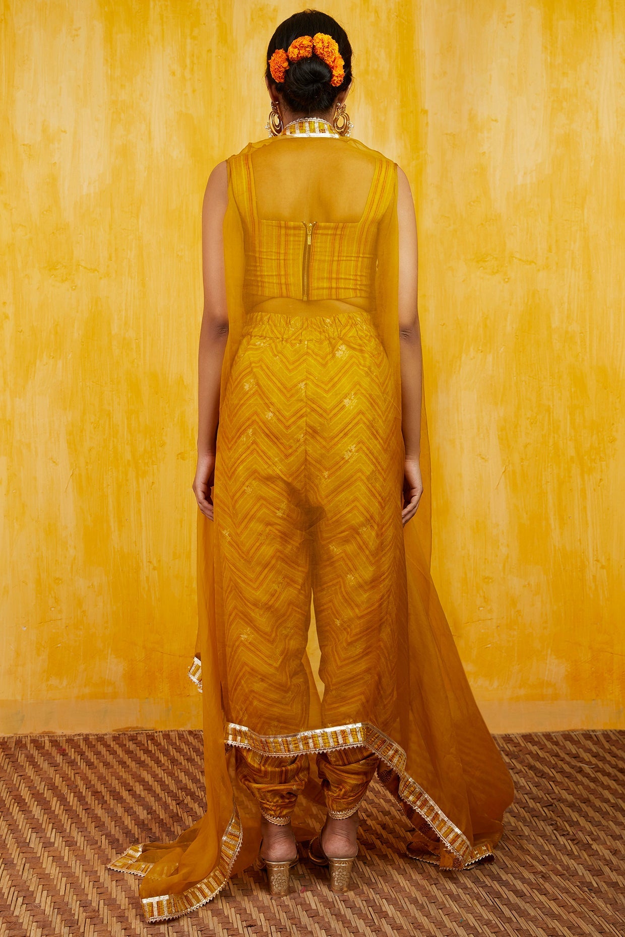 Yellow Marigold Zig-Zag Cape Dhoti Set- back view