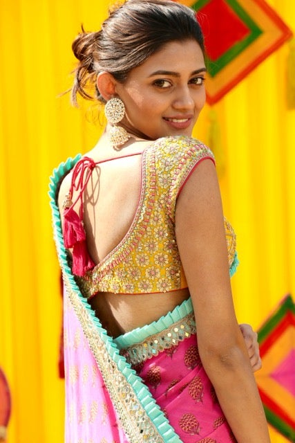 Shreya Shankar in Marigold Buti Ruffle Saree