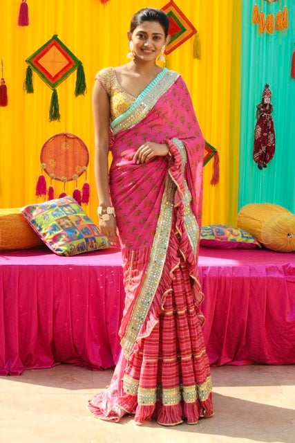 Shreya Shankar in Marigold Buti Ruffle Saree