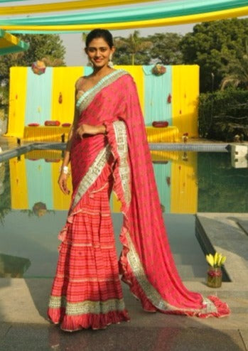 Shreya Shankar in Marigold Buti Ruffle Saree