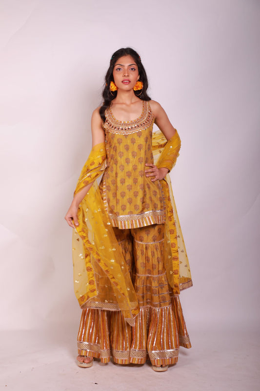 Yellow Marigold Buti Sleeveless Sharara Set- front view