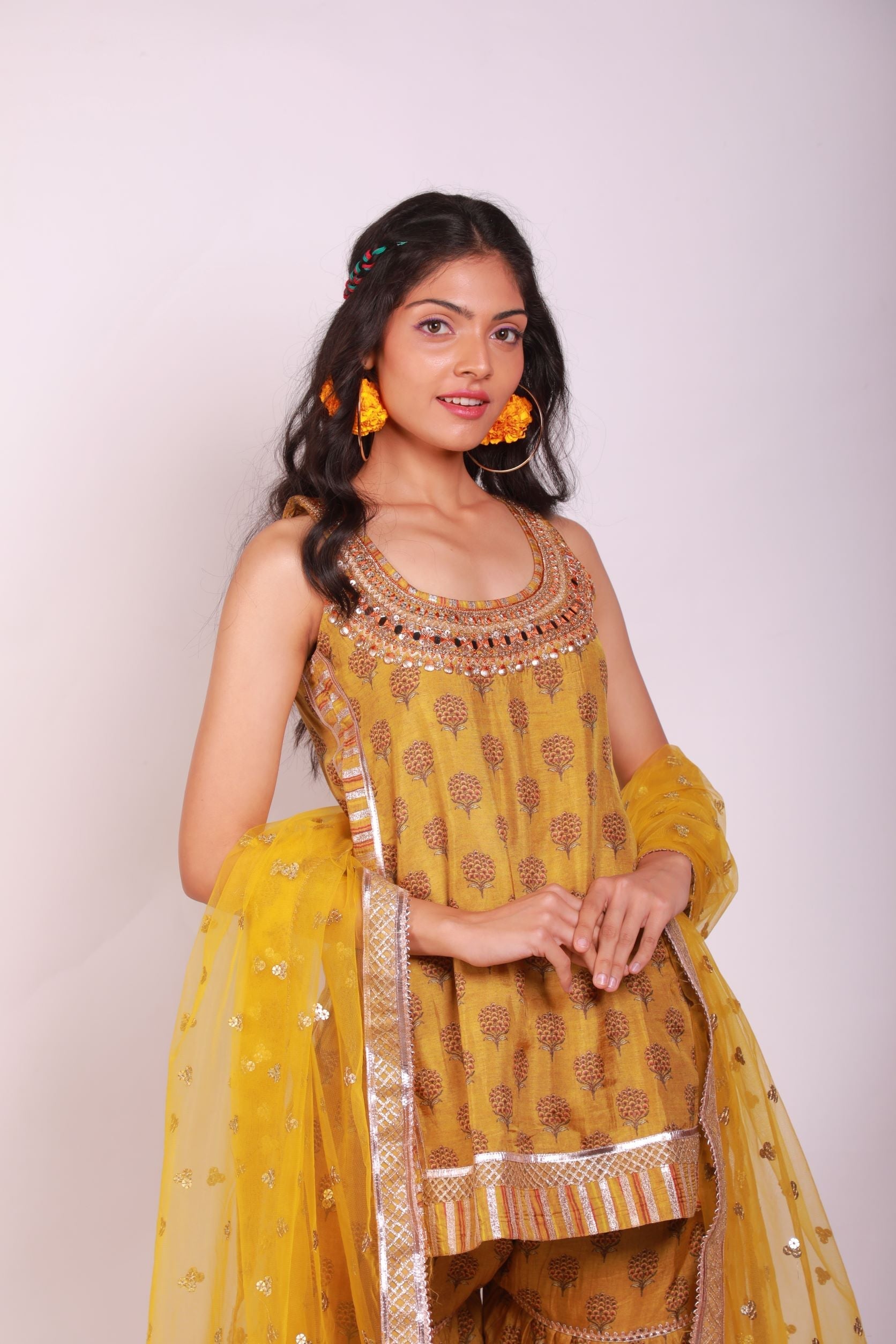 Yellow Marigold Buti Sleeveless Sharara Set- front view