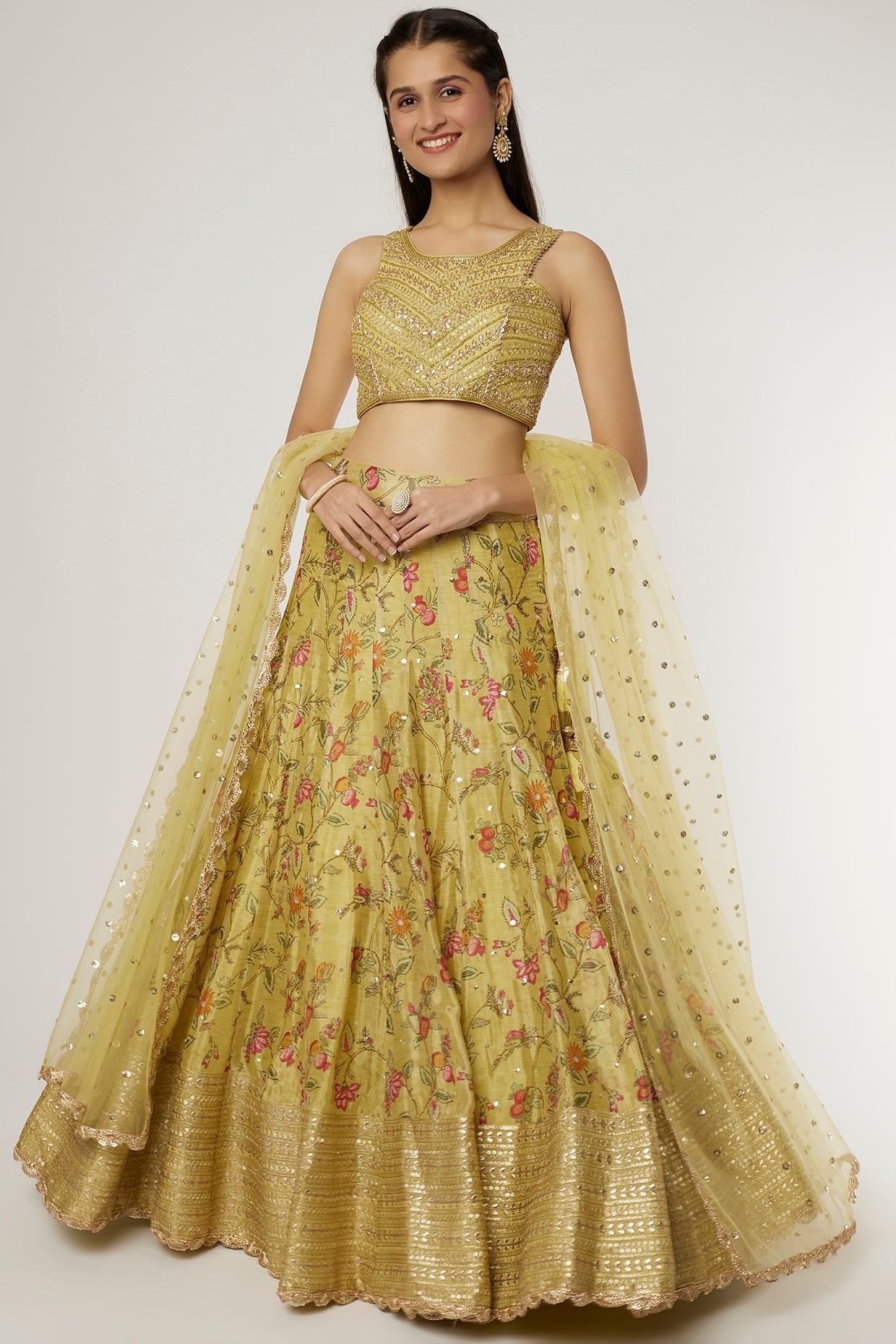 Mustard Chandbeli Lehenga Set- front view