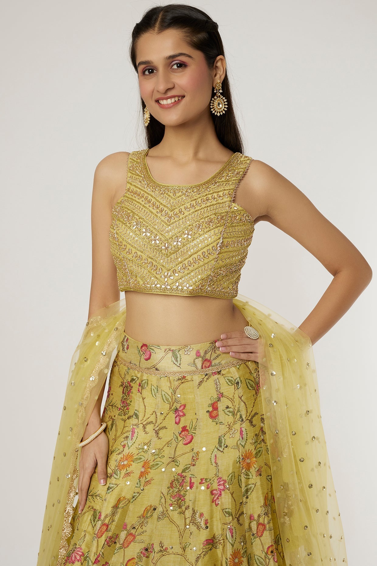 Mustard Chandbeli Lehenga Set- front view