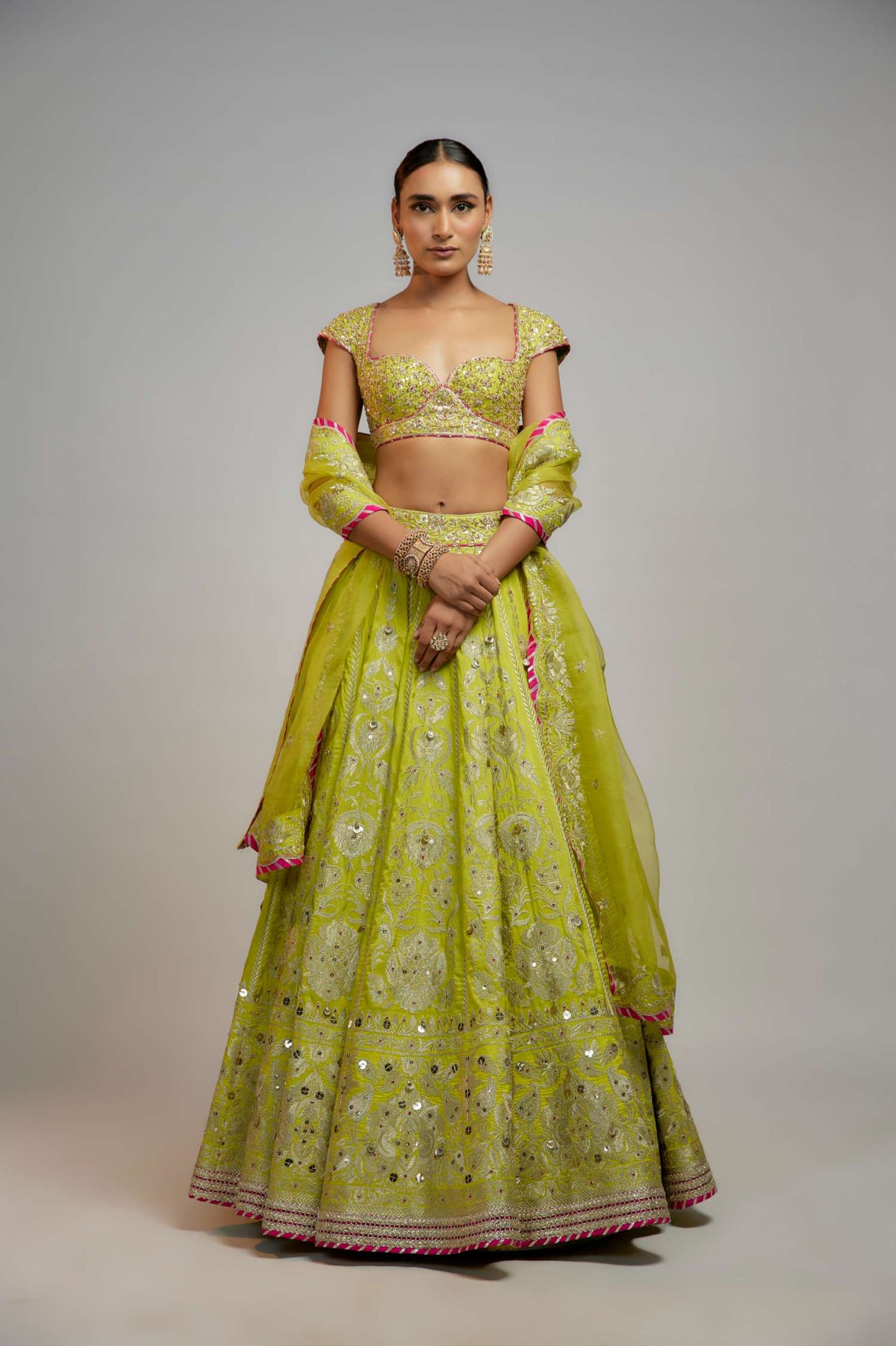 Lime Green Golconda Nayla lehenga set- front view