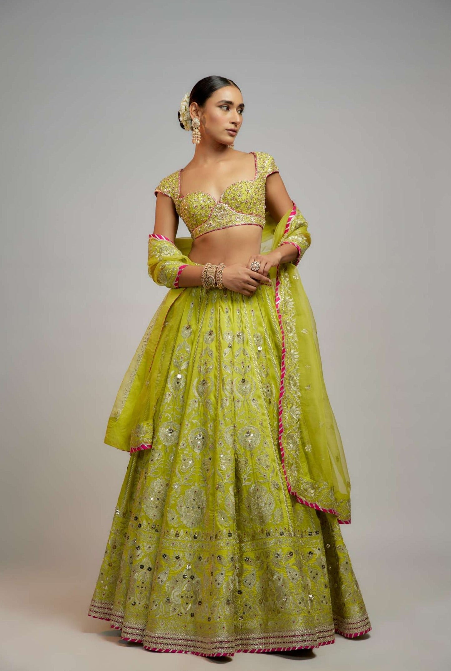 Lime Green Golconda Nayla lehenga set- front view