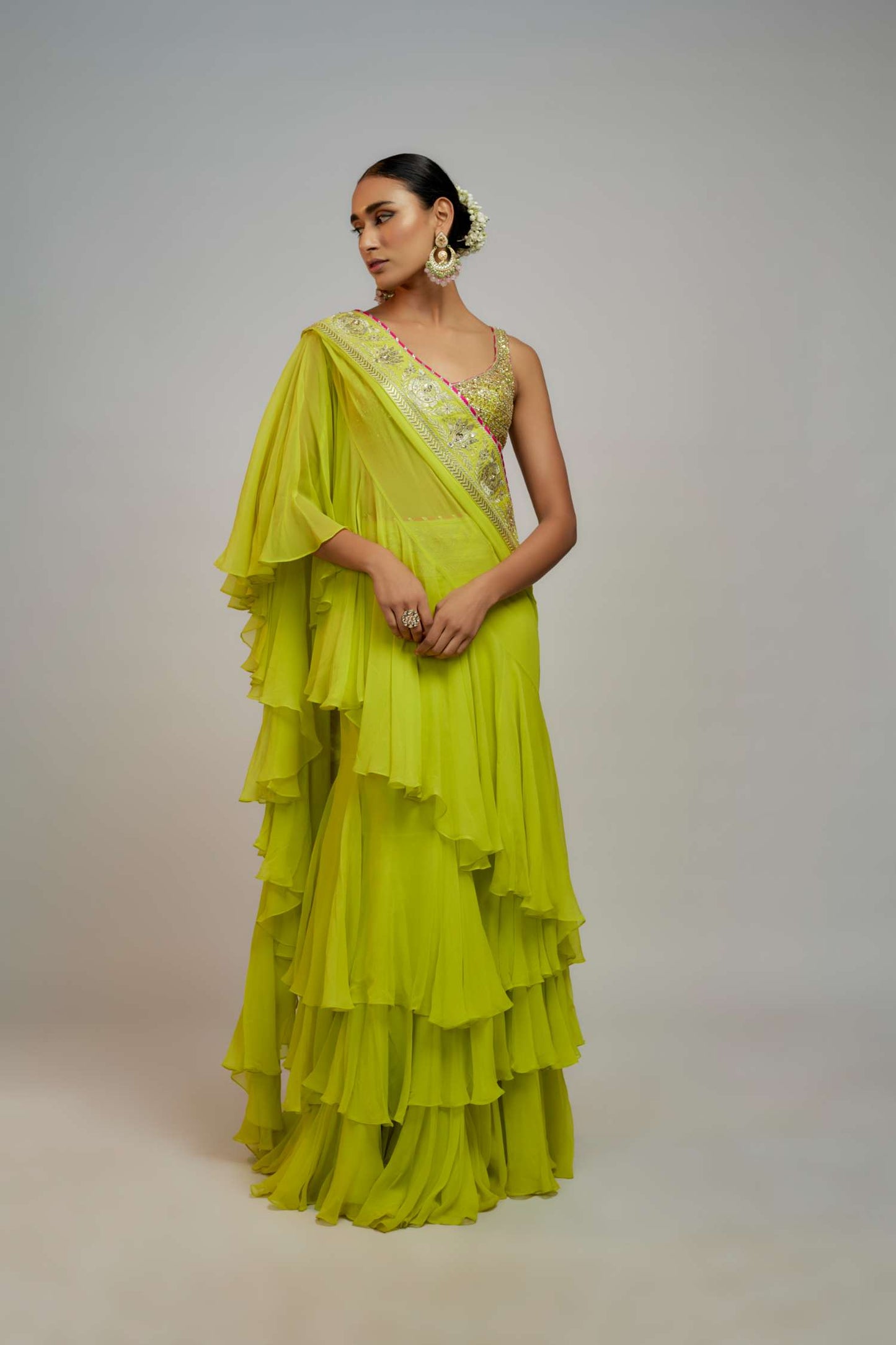 Lime Green Golconda Absar Saree Set- front view