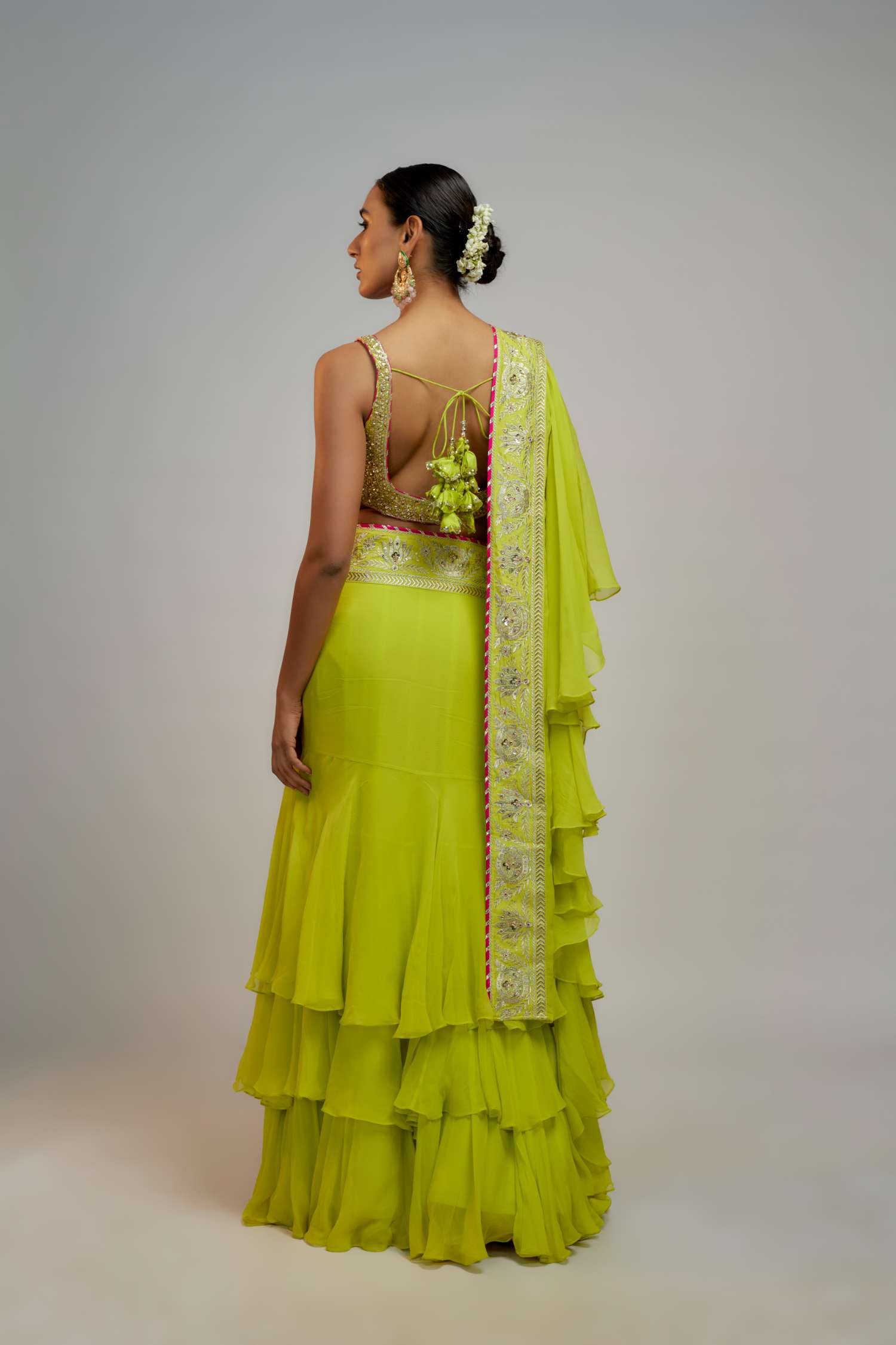 Lime Green Golconda Absar Saree Set- back view