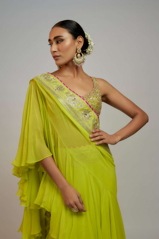 Lime Green Golconda Absar Saree Set- front view