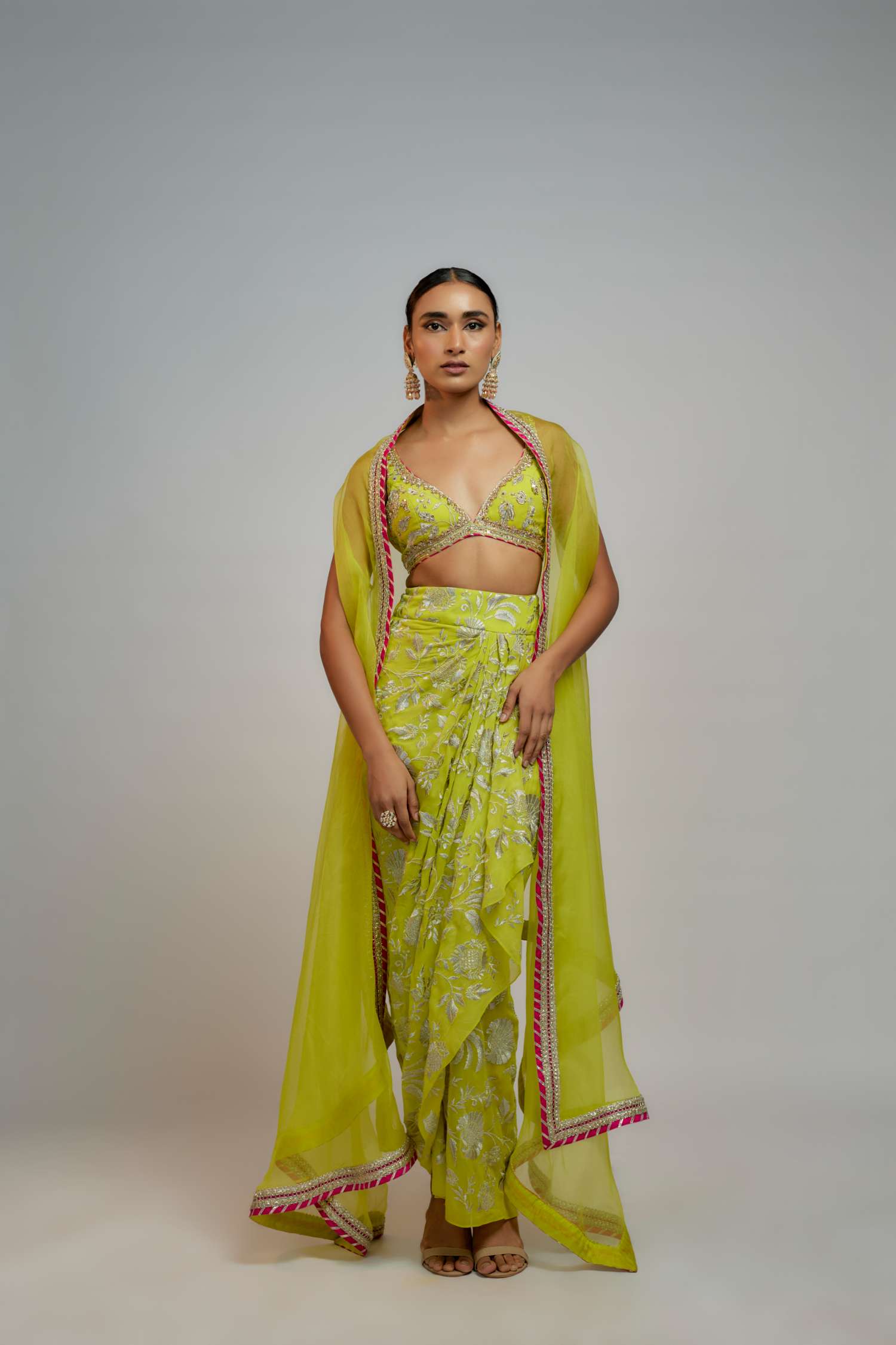 Lime Green Golconda Alia Wrap skirt set- front view