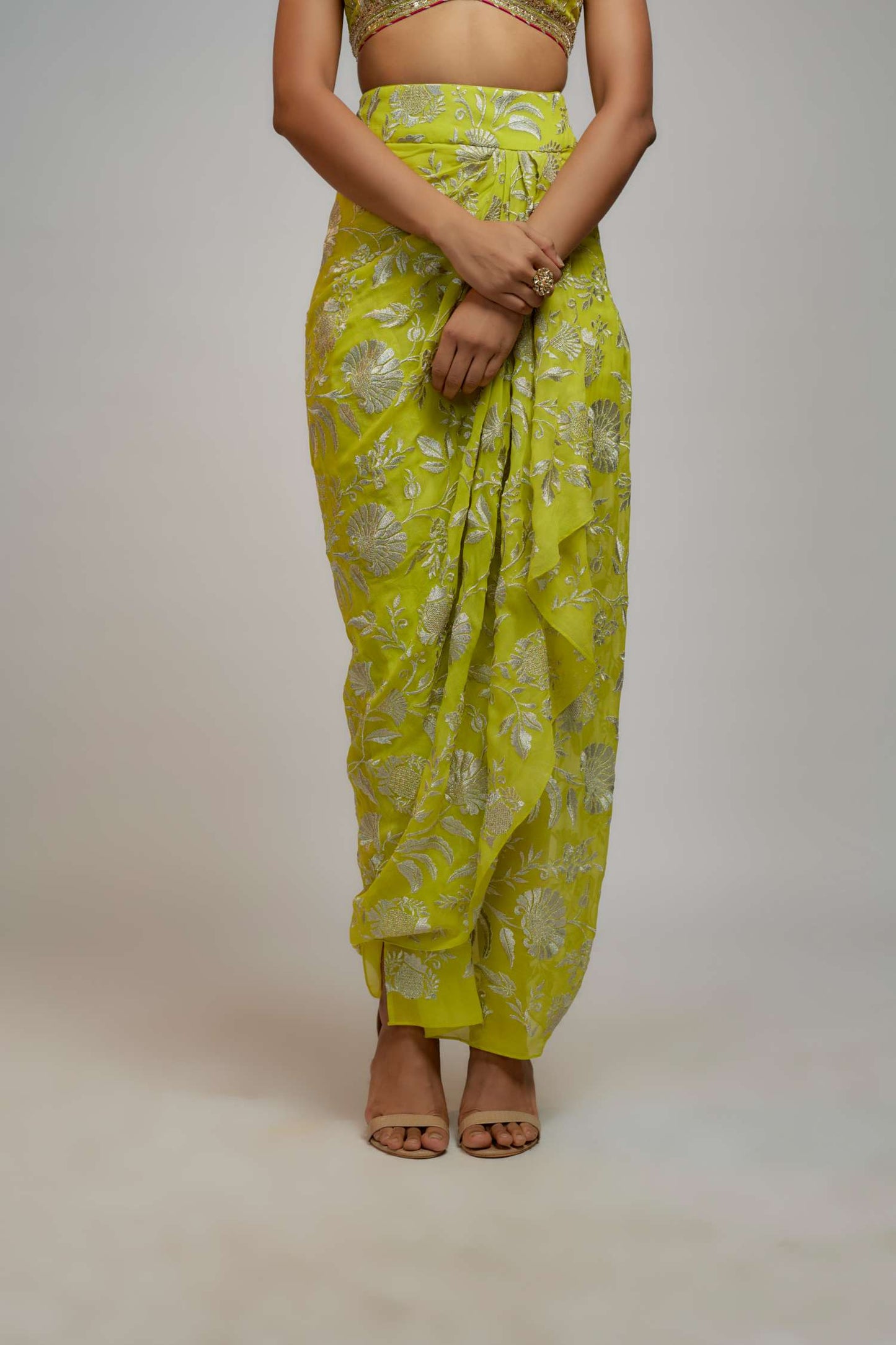 Lime Green Golconda Alia Wrap skirt set- close view