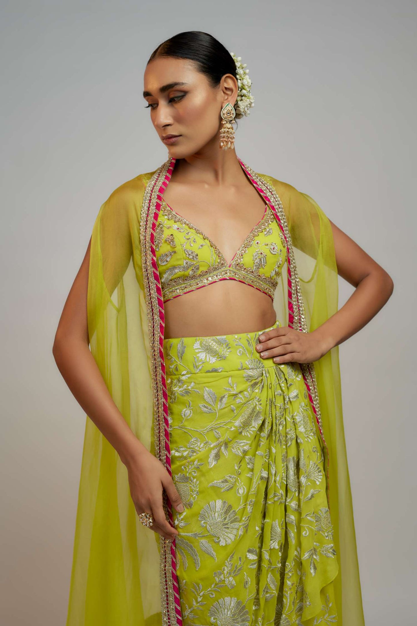 Lime Green Golconda Alia Wrap skirt set- front view