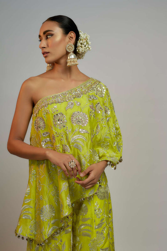 Lime Green Golconda Arsh One shoulder Set- front view