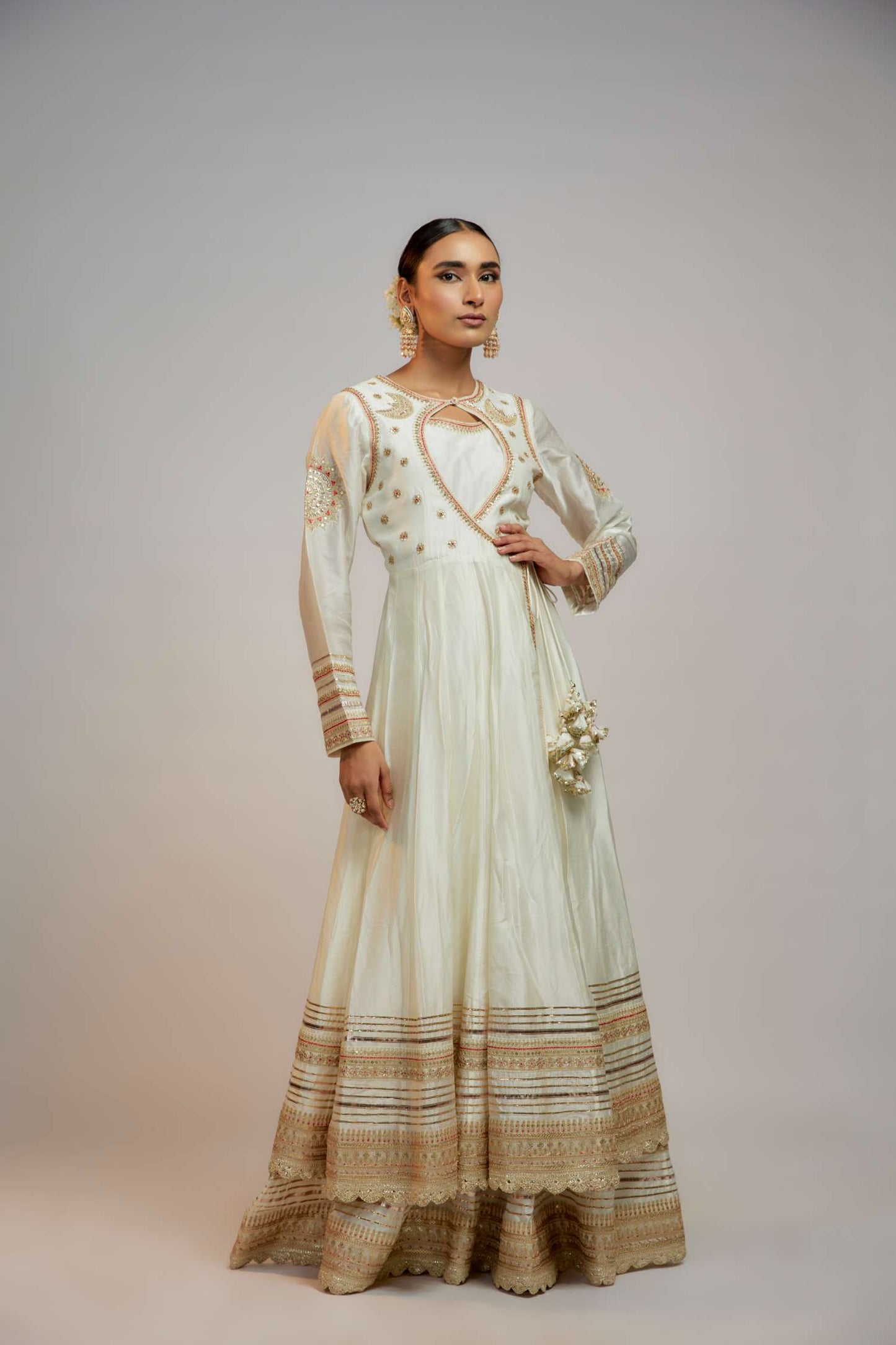 White Golconda Meera Anarkali set- front view