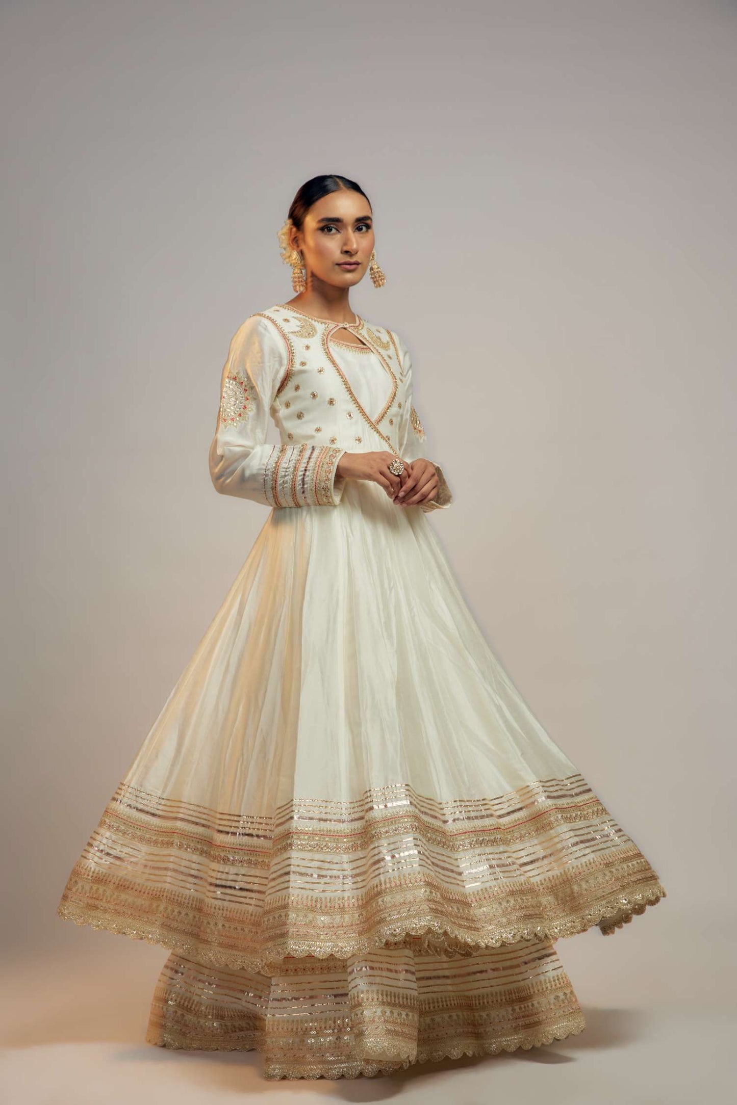 White Golconda Meera Anarkali set- side view